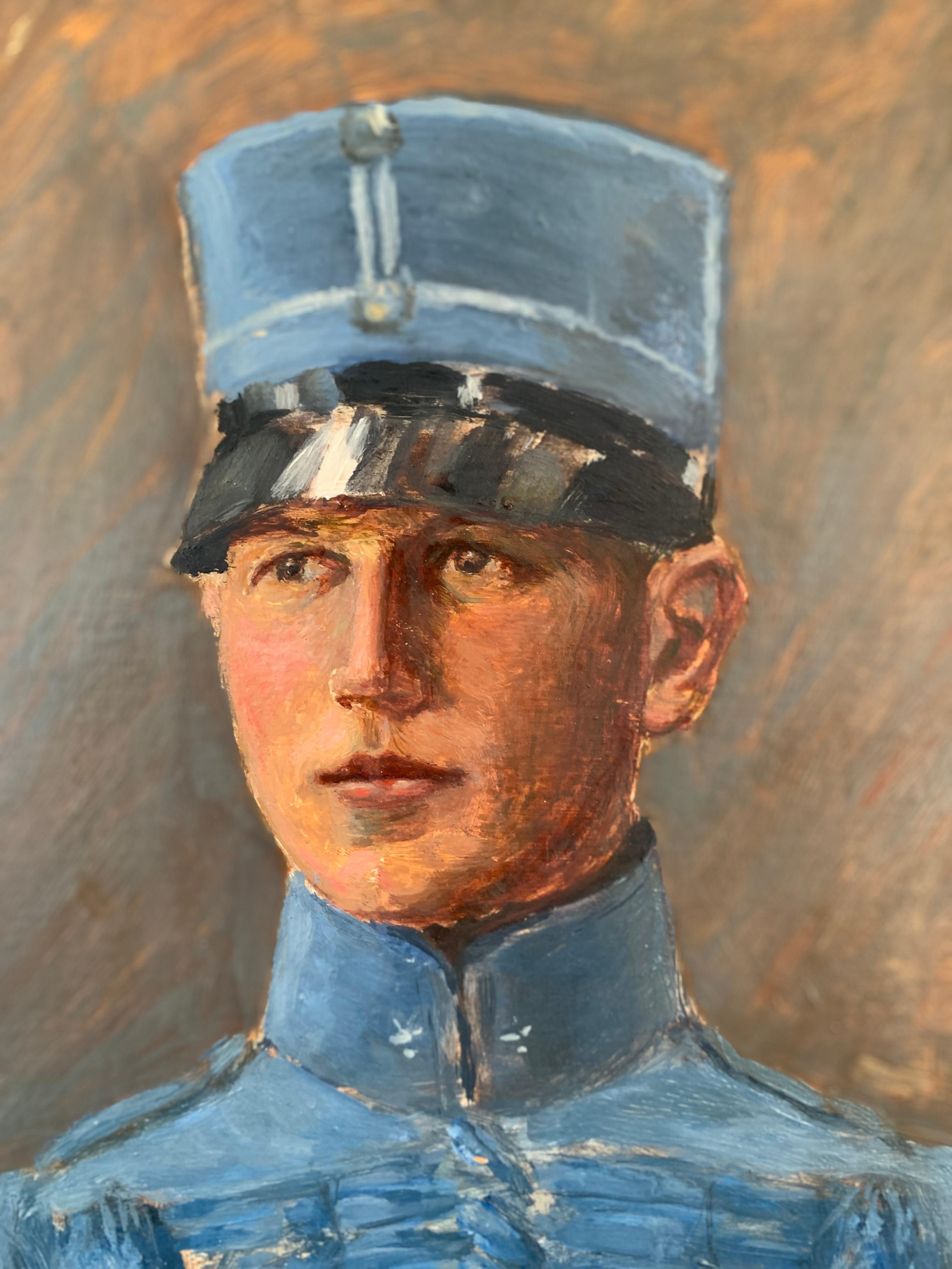 Peint à la main Peinture à l'huile suédoise du début du 20e siècle représentant un officier en bleu en vente