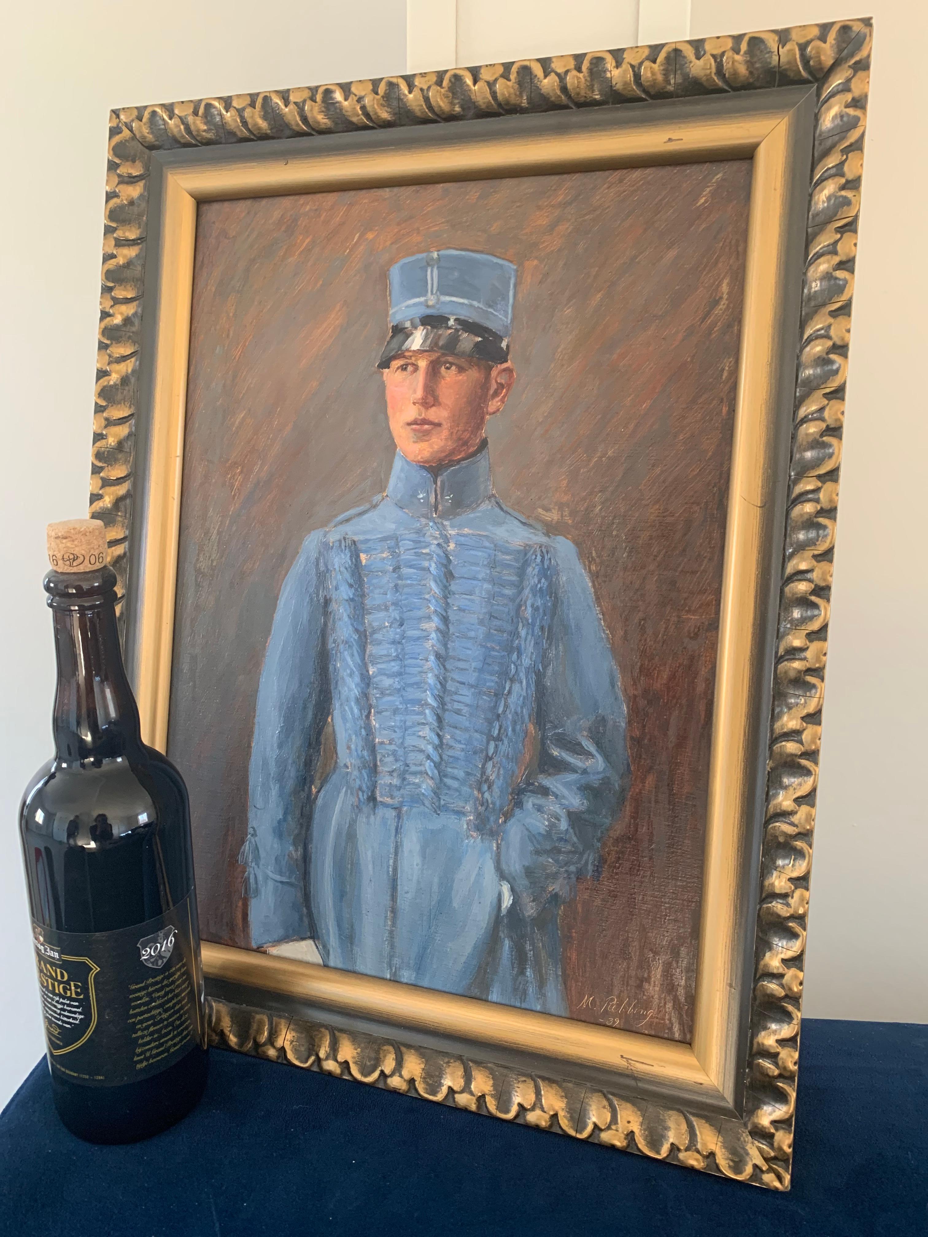 20ième siècle Peinture à l'huile suédoise du début du 20e siècle représentant un officier en bleu en vente