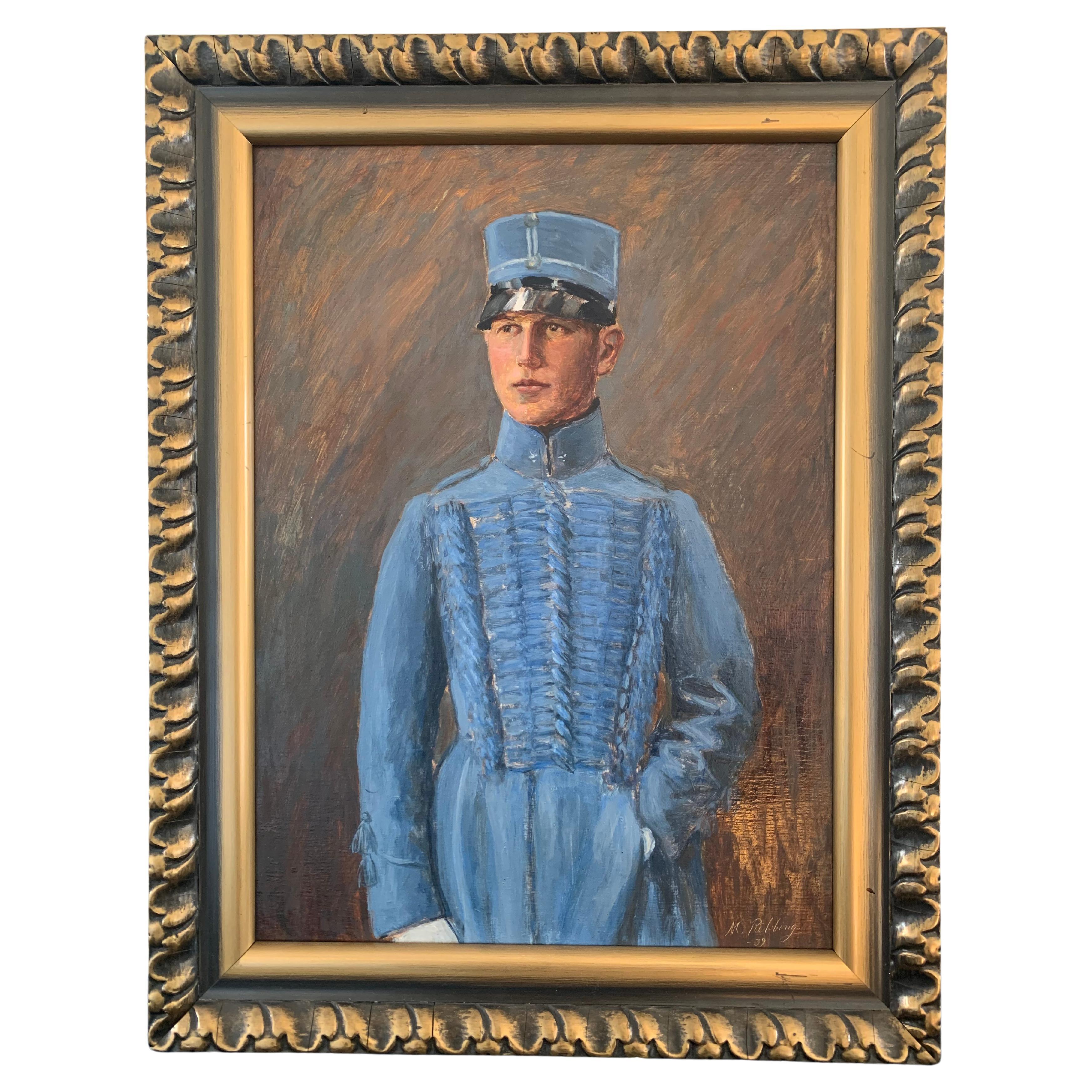 Peinture à l'huile suédoise du début du 20e siècle représentant un officier en bleu