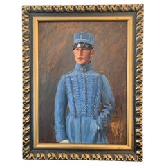 Peinture à l'huile suédoise du début du 20e siècle représentant un officier en bleu