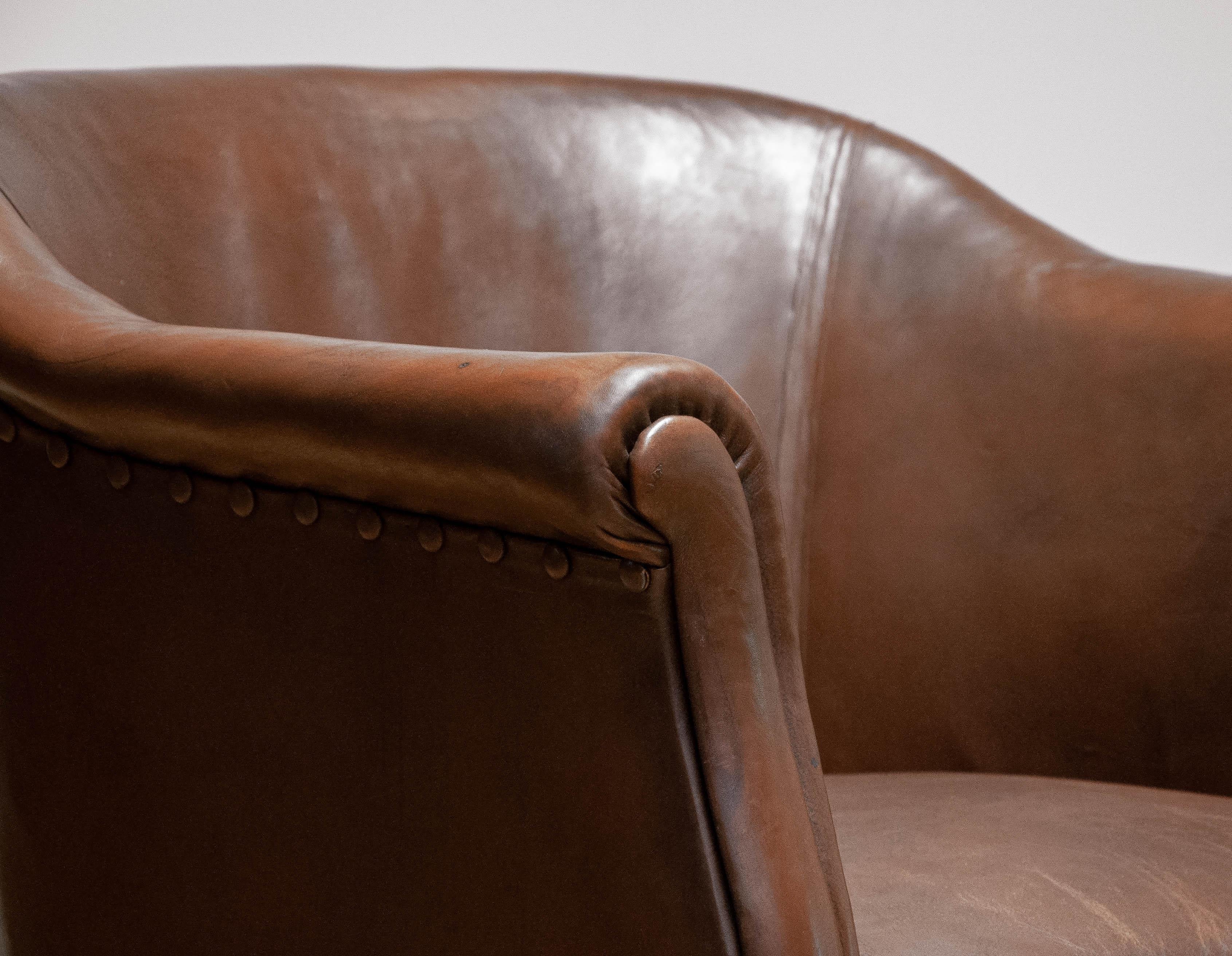 Early 20th Century Swedish Tan Brown Nailed Leather Lounge / Club / Cigar Chair 5