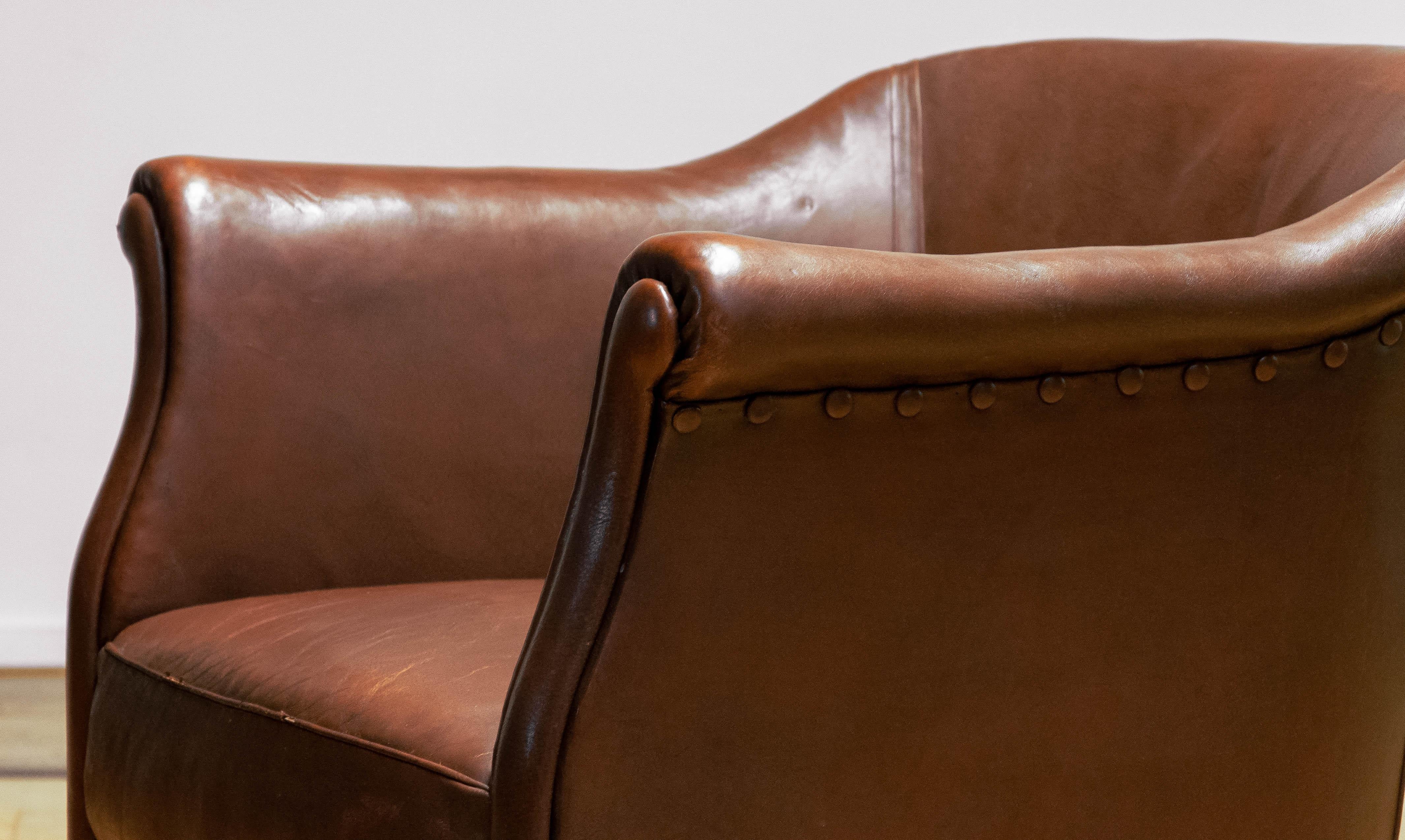 Early 20th Century Swedish Tan Brown Nailed Leather Lounge / Club / Cigar Chair 6