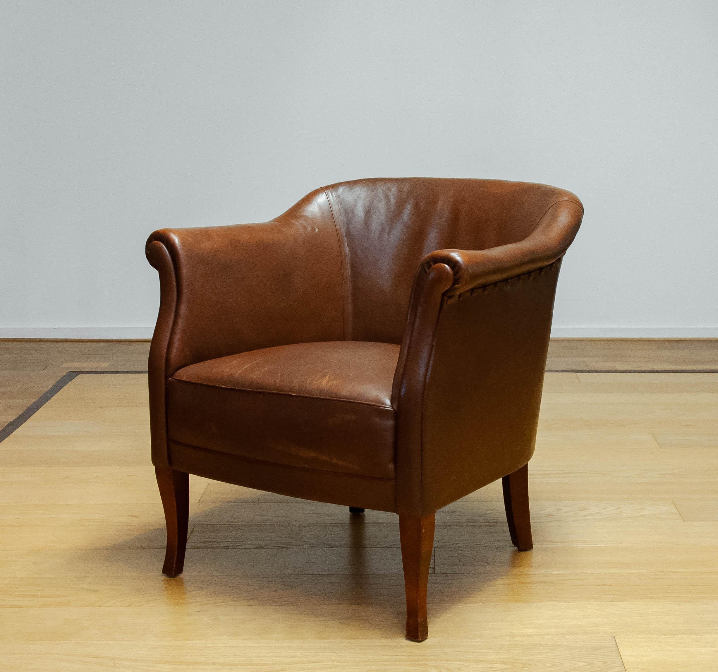 Chesterfield Early 20th Century Swedish Tan Brown Nailed Leather Lounge / Club / Cigar Chair