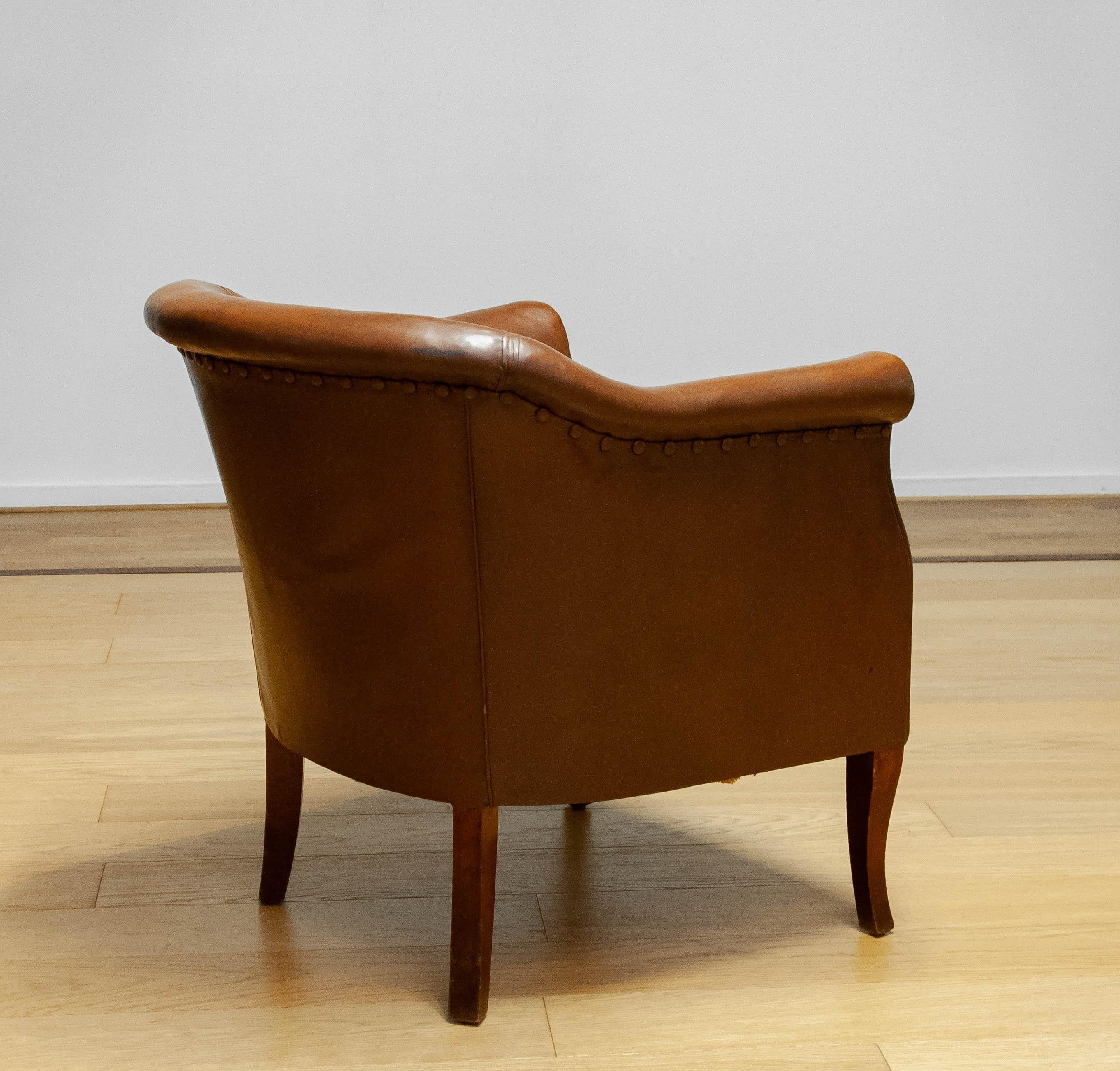 Early 20th Century Swedish Tan Brown Nailed Leather Lounge / Club / Cigar Chair 1