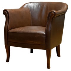 Early 20th Century Swedish Tan Brown Nailed Leather Lounge / Club / Cigar Chair