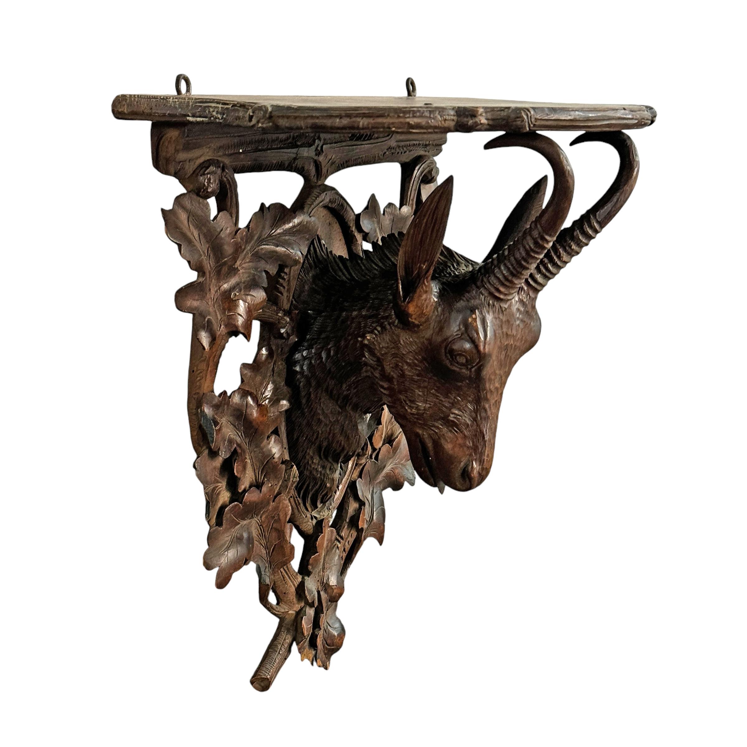 Hand-Carved Early 20th Century Swiss Black Forest Chamois Wall Bracket