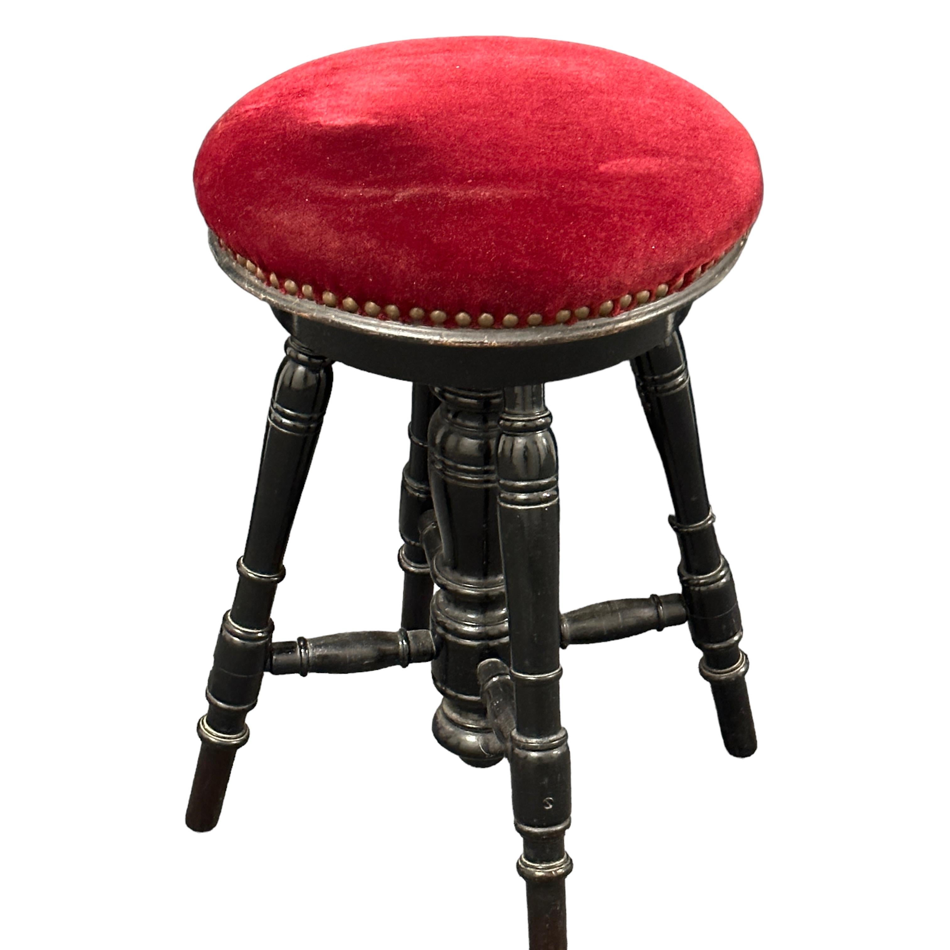 Early 20th Century Swivel Piano Stool with Red Velvet Seat, Belgium For Sale 1