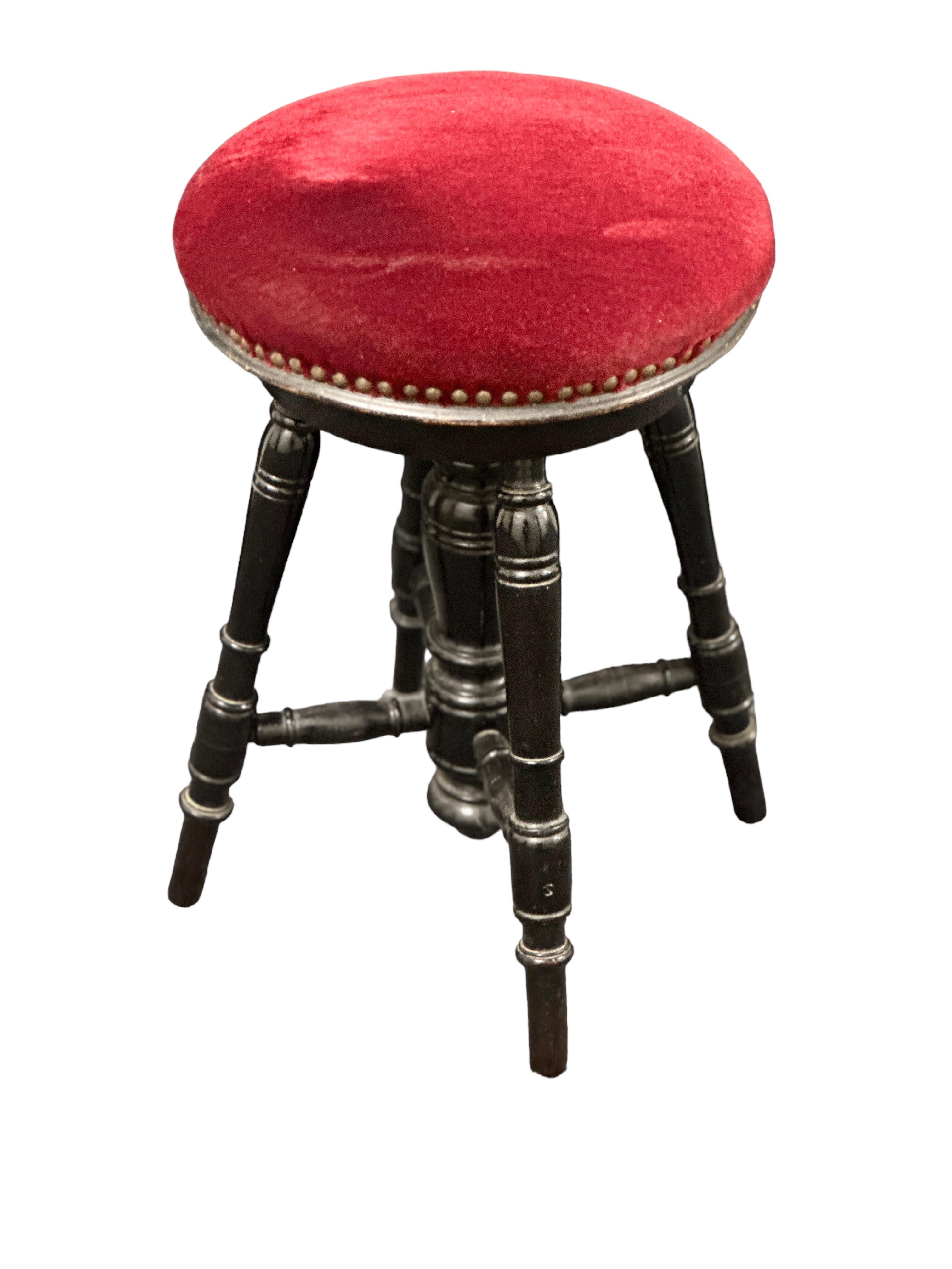 Early 20th Century Swivel Piano Stool with Red Velvet Seat, Belgium For Sale 2