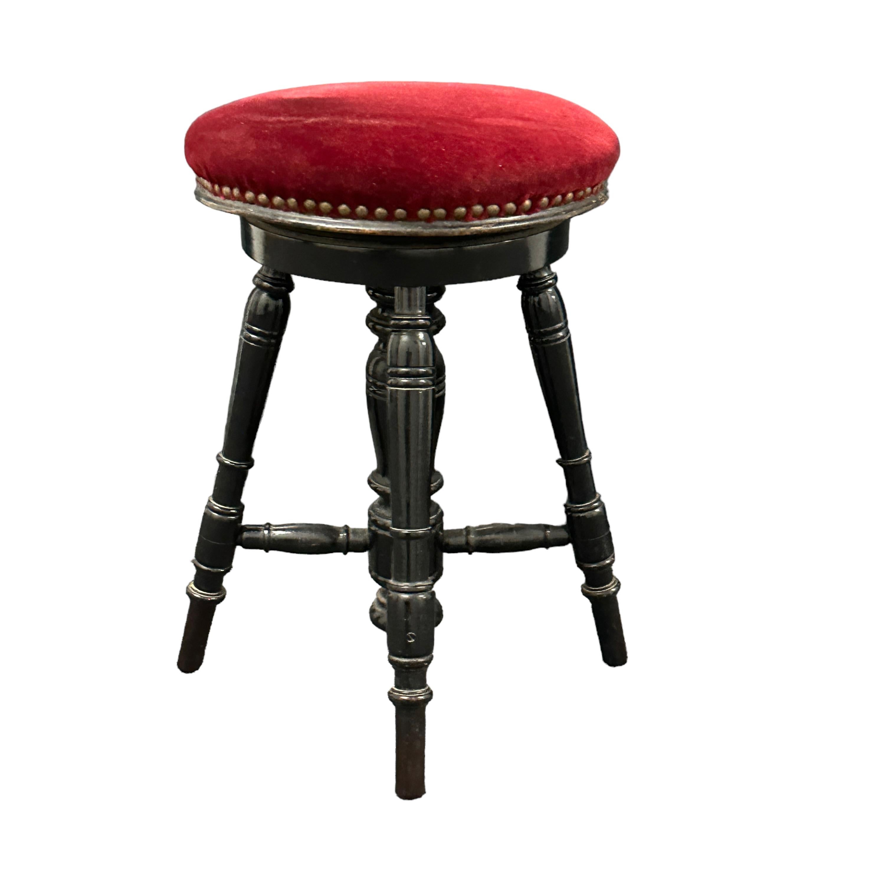 Early 20th Century Swivel Piano Stool with Red Velvet Seat, Belgium For Sale 4