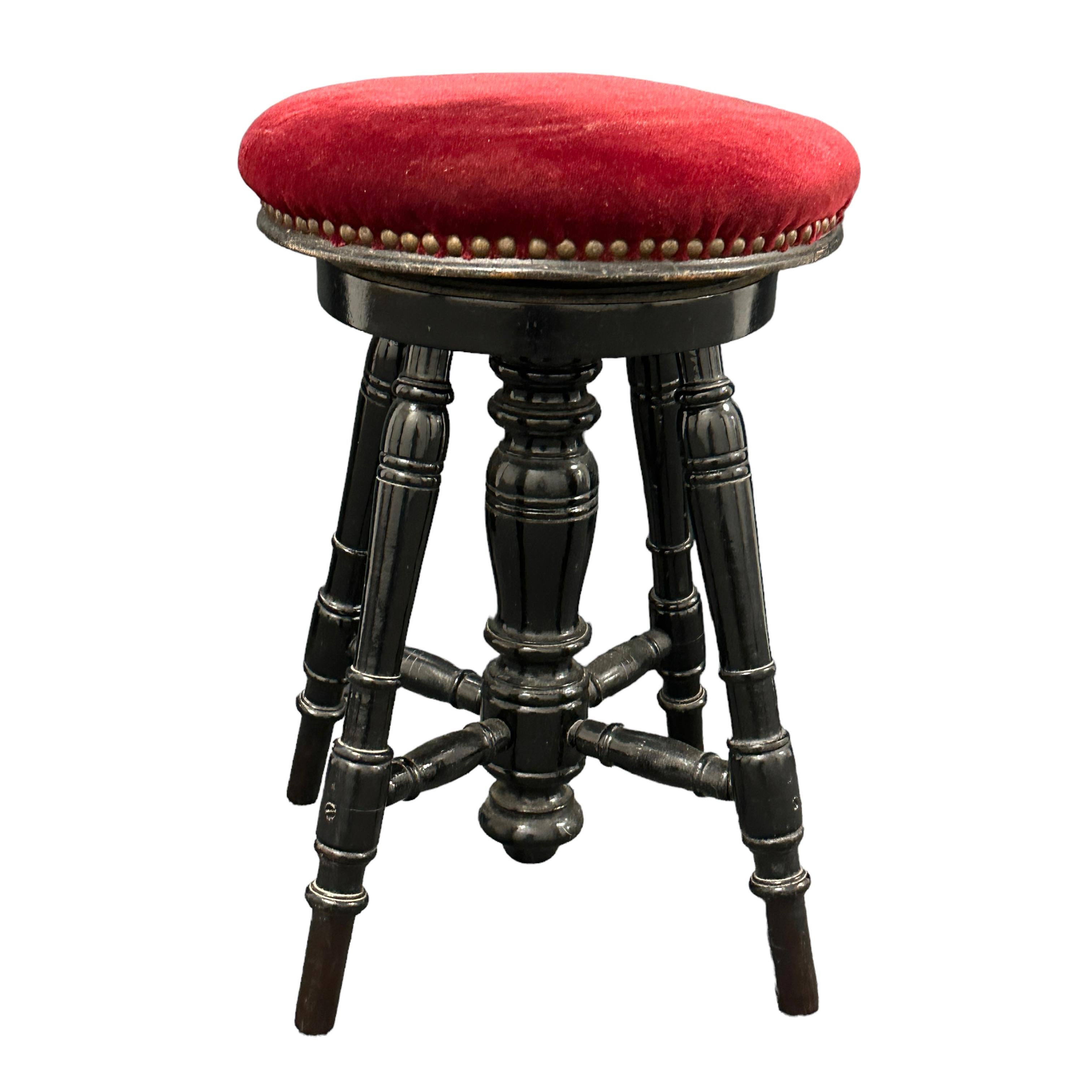 Early 20th Century Swivel Piano Stool with Red Velvet Seat, Belgium For Sale 5