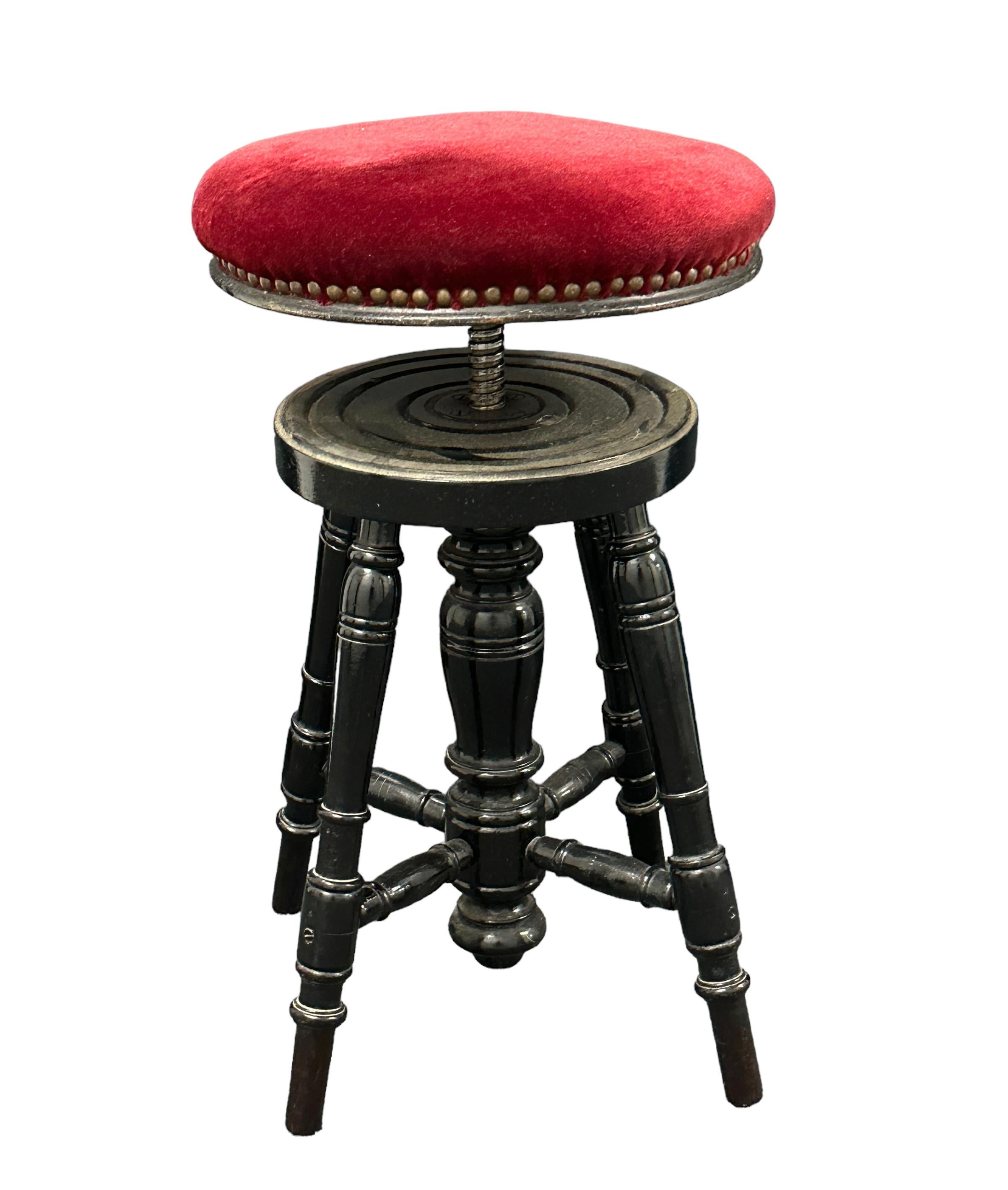 Early 20th Century Swivel Piano Stool with Red Velvet Seat, Belgium For Sale 7