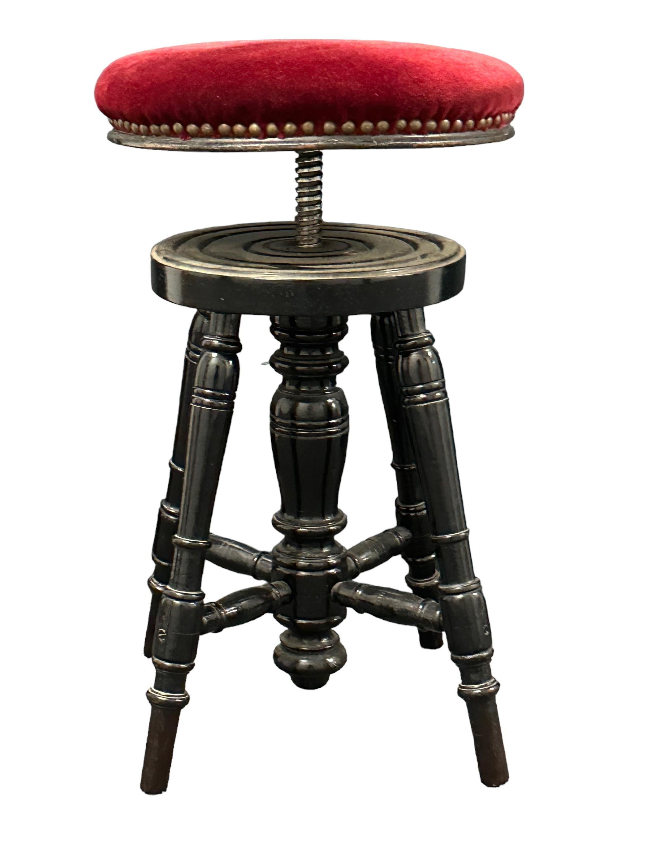 Early 20th Century Swivel Piano Stool with Red Velvet Seat, Belgium For Sale 8