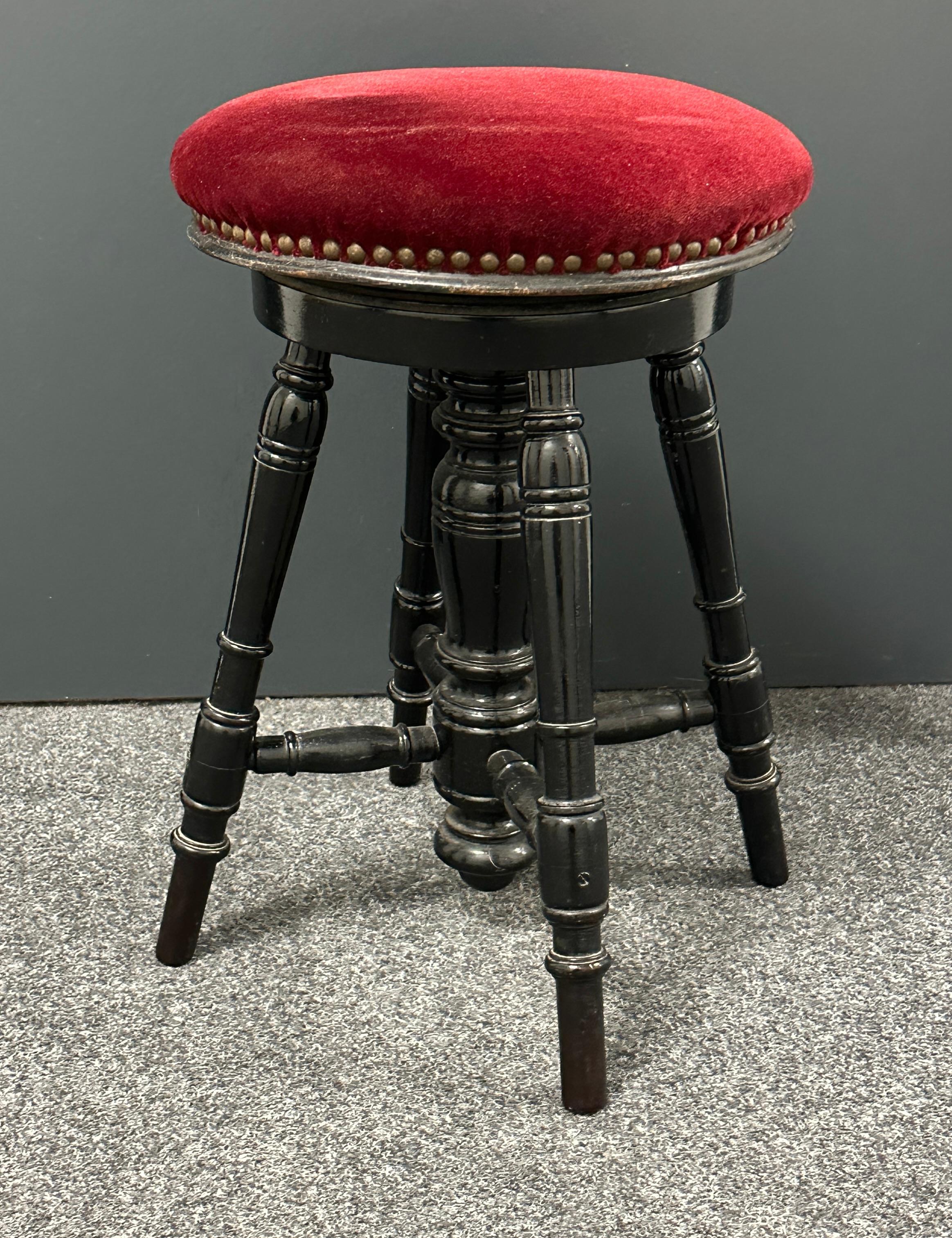 Folk Art Early 20th Century Swivel Piano Stool with Red Velvet Seat, Belgium For Sale