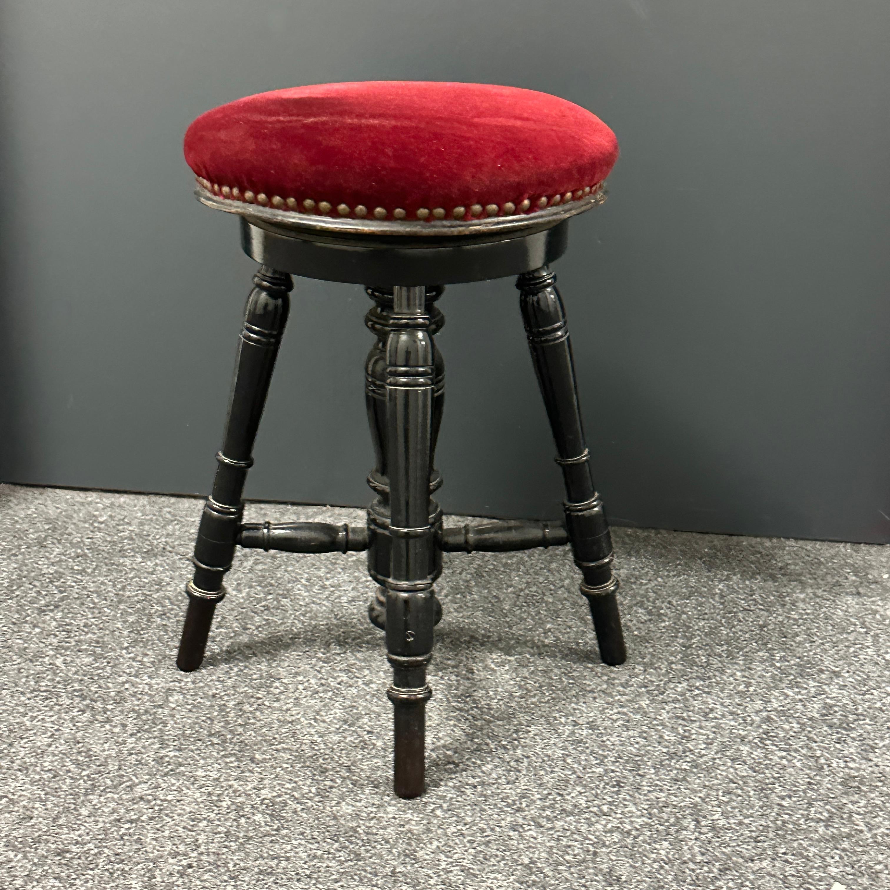 German Early 20th Century Swivel Piano Stool with Red Velvet Seat, Belgium For Sale