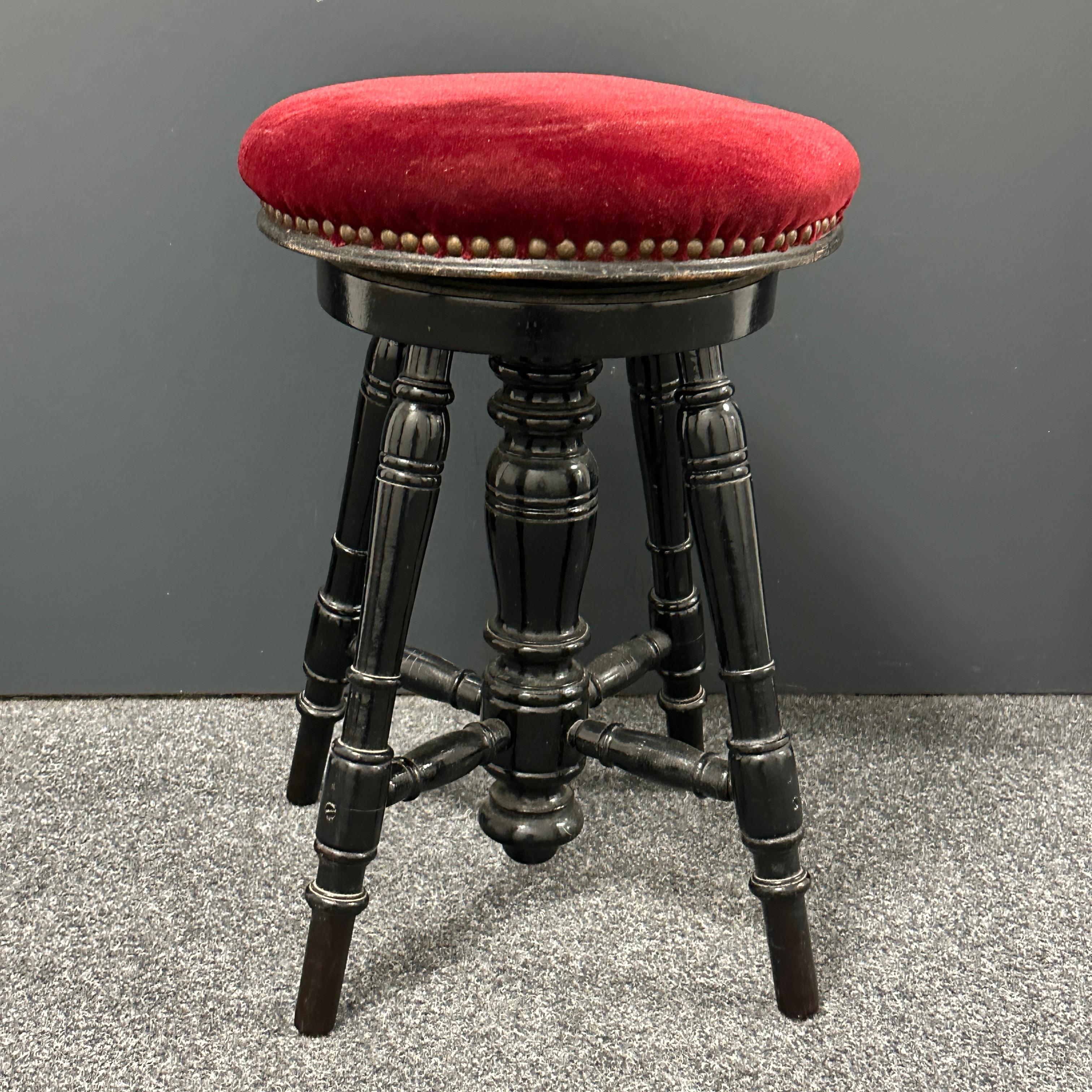 Hand-Crafted Early 20th Century Swivel Piano Stool with Red Velvet Seat, Belgium For Sale