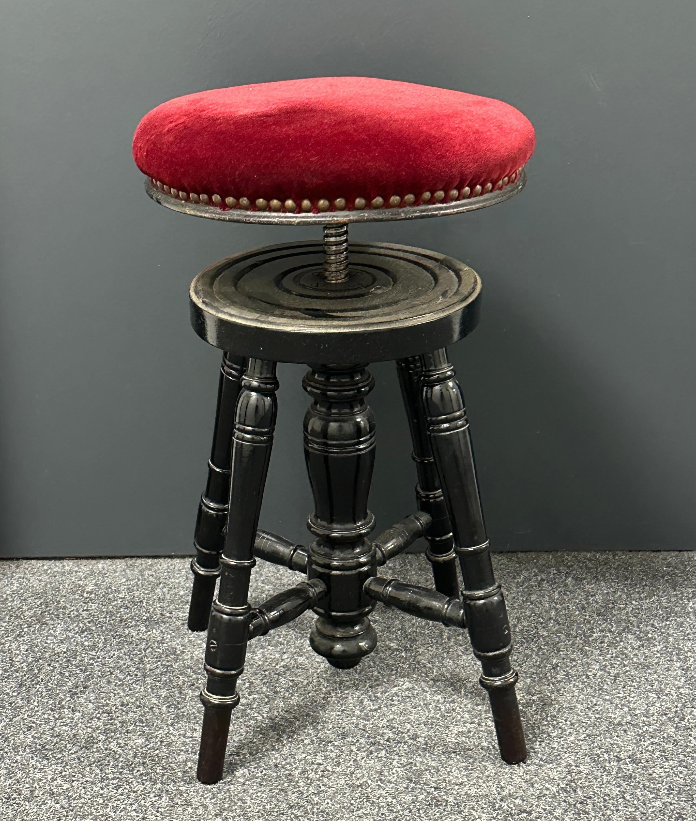 Mid-20th Century Early 20th Century Swivel Piano Stool with Red Velvet Seat, Belgium For Sale