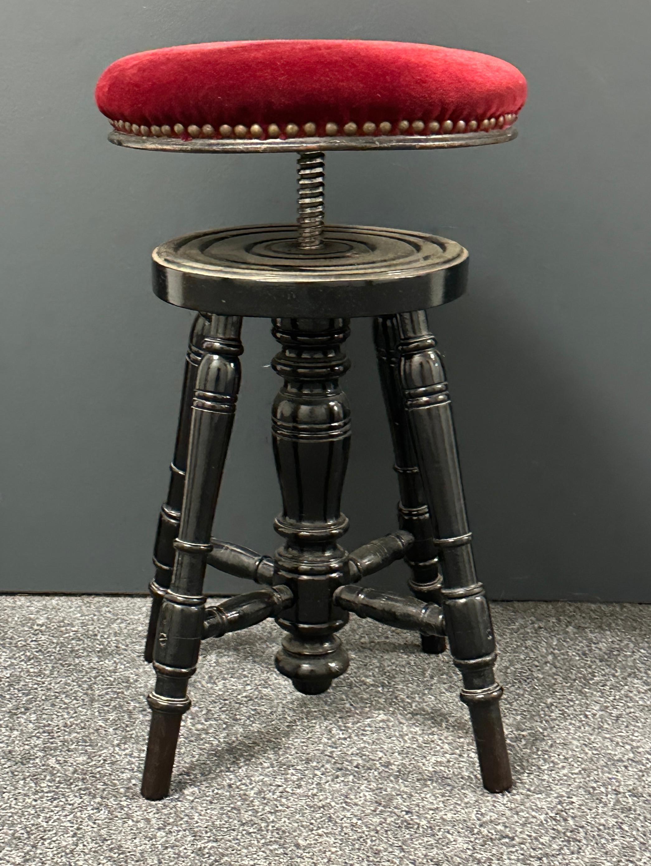 Wood Early 20th Century Swivel Piano Stool with Red Velvet Seat, Belgium For Sale