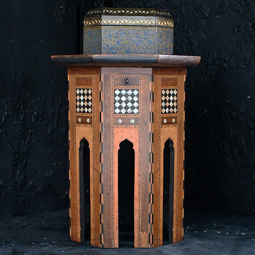 Early 20th century Syrian Moorish inlaid Liberty octagonal sewing table.

A Syrian Moorish inlaid Liberty octagonal sewing table, with wonderful detail of the inlay as you may expect. The central top does not have any décor, but the table still