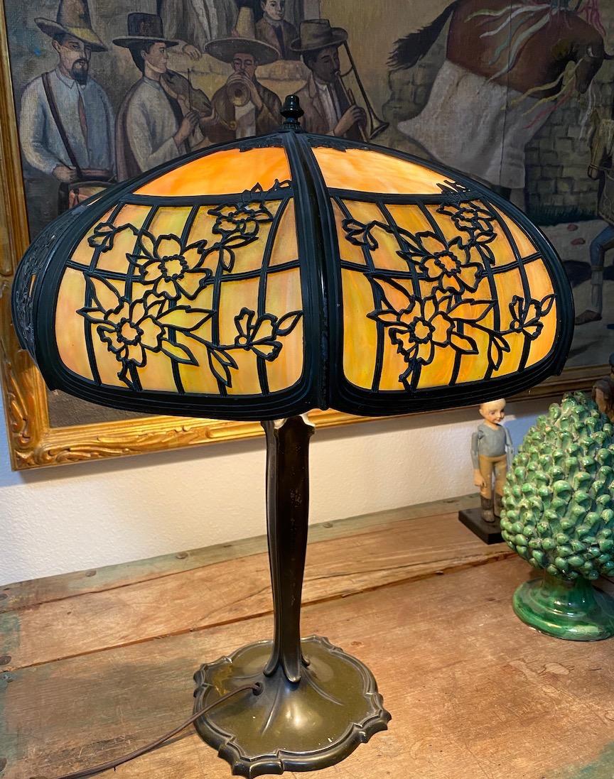 Metalwork  Early 20th Century Table Lamp with Glass and Pierced Metal Shade For Sale