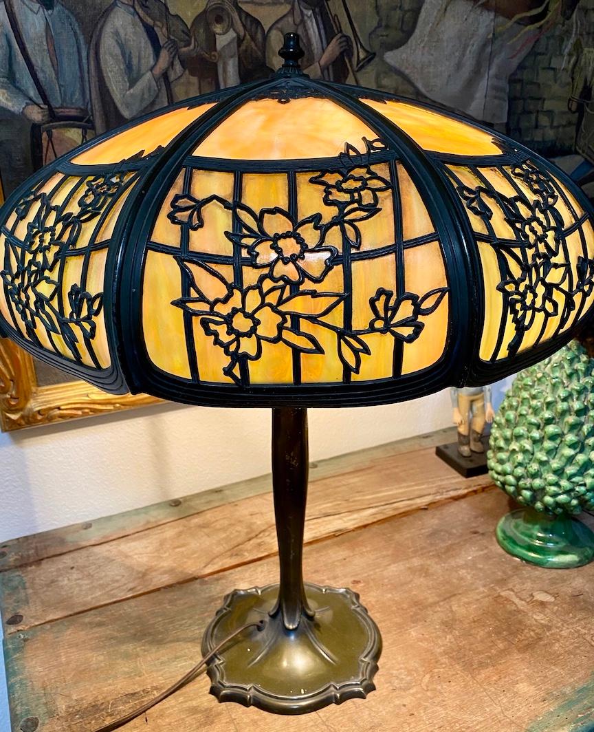  Early 20th Century Table Lamp with Glass and Pierced Metal Shade In Good Condition For Sale In Van Nuys, CA