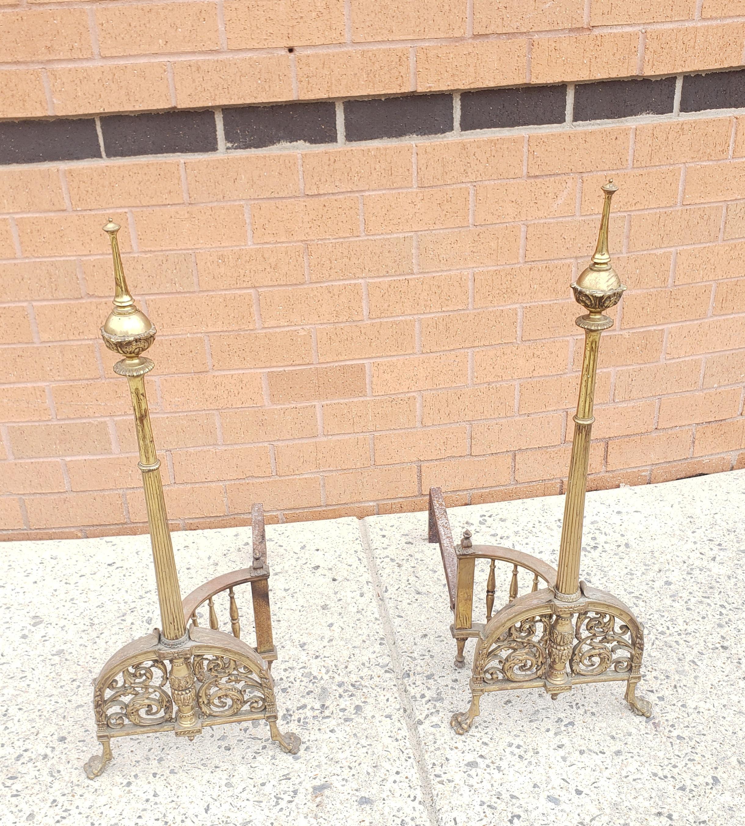 Early 20th Century Tall French Empire Brass and Iron Andirons, Pair. Measure 12
