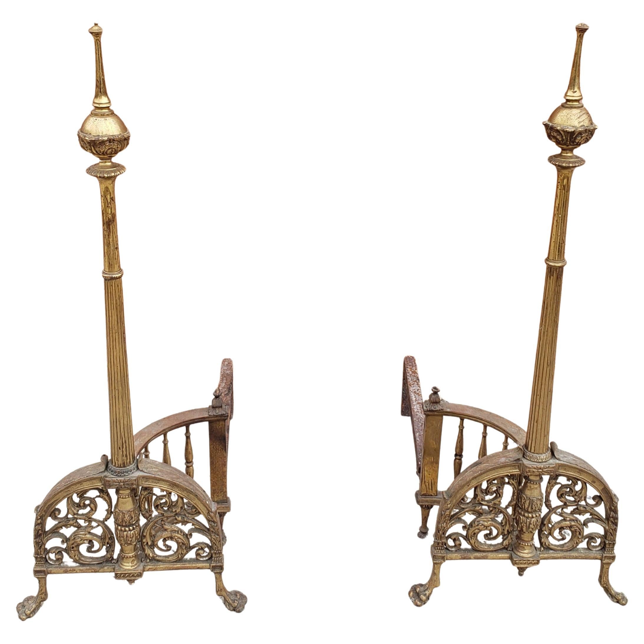Early 20th Century Tall French Empire Brass and Iron Andirons, Pair