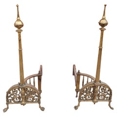 Early 20th Century Tall French Empire Brass and Iron Andirons, Pair