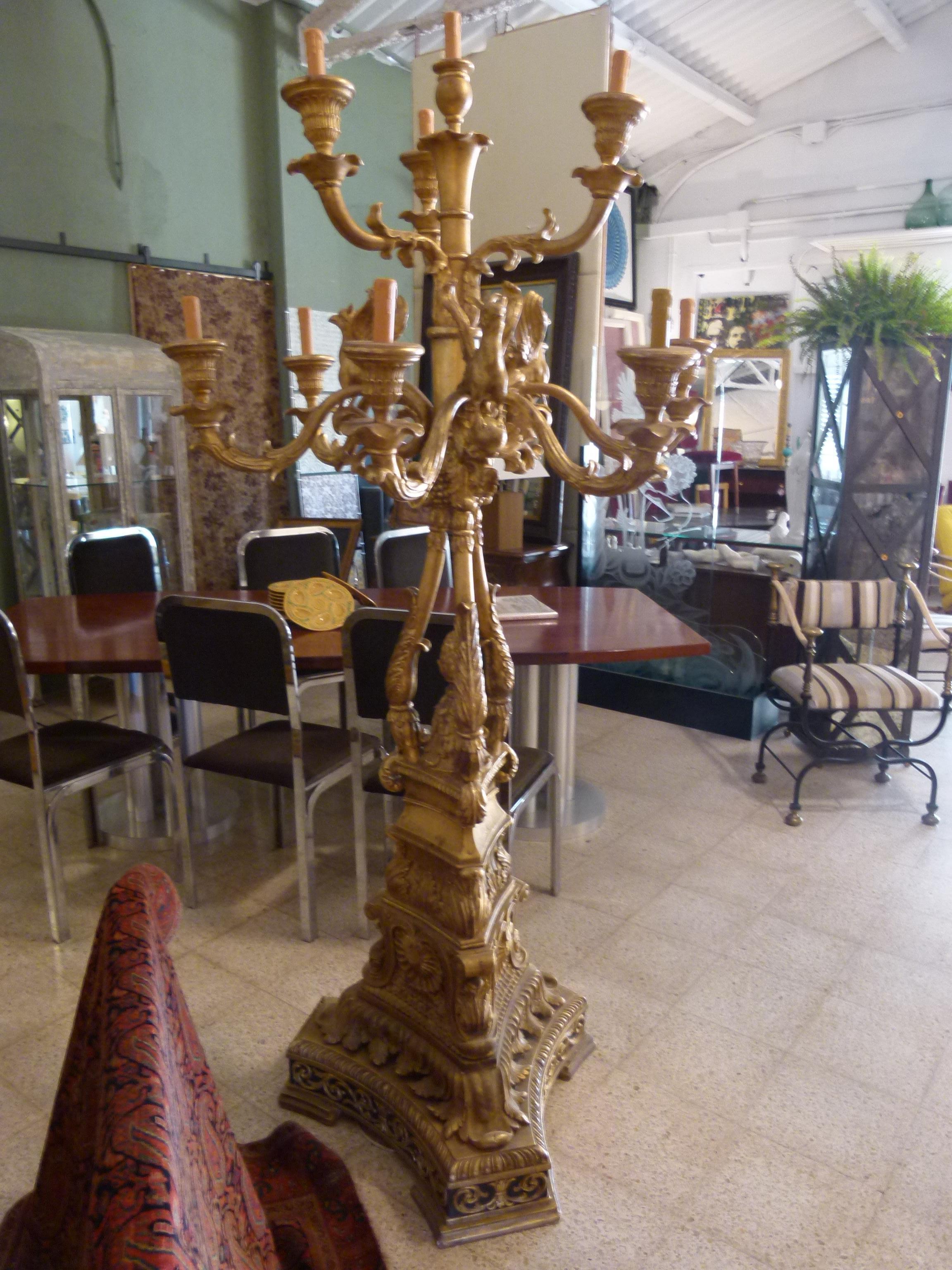 Art Nouveau Early 20th Century Tall Standing Candelabra Gold Patinated, Hand Carved Wood