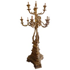 Early 20th Century Tall Standing Candelabra Gold Patinated, Hand Carved Wood