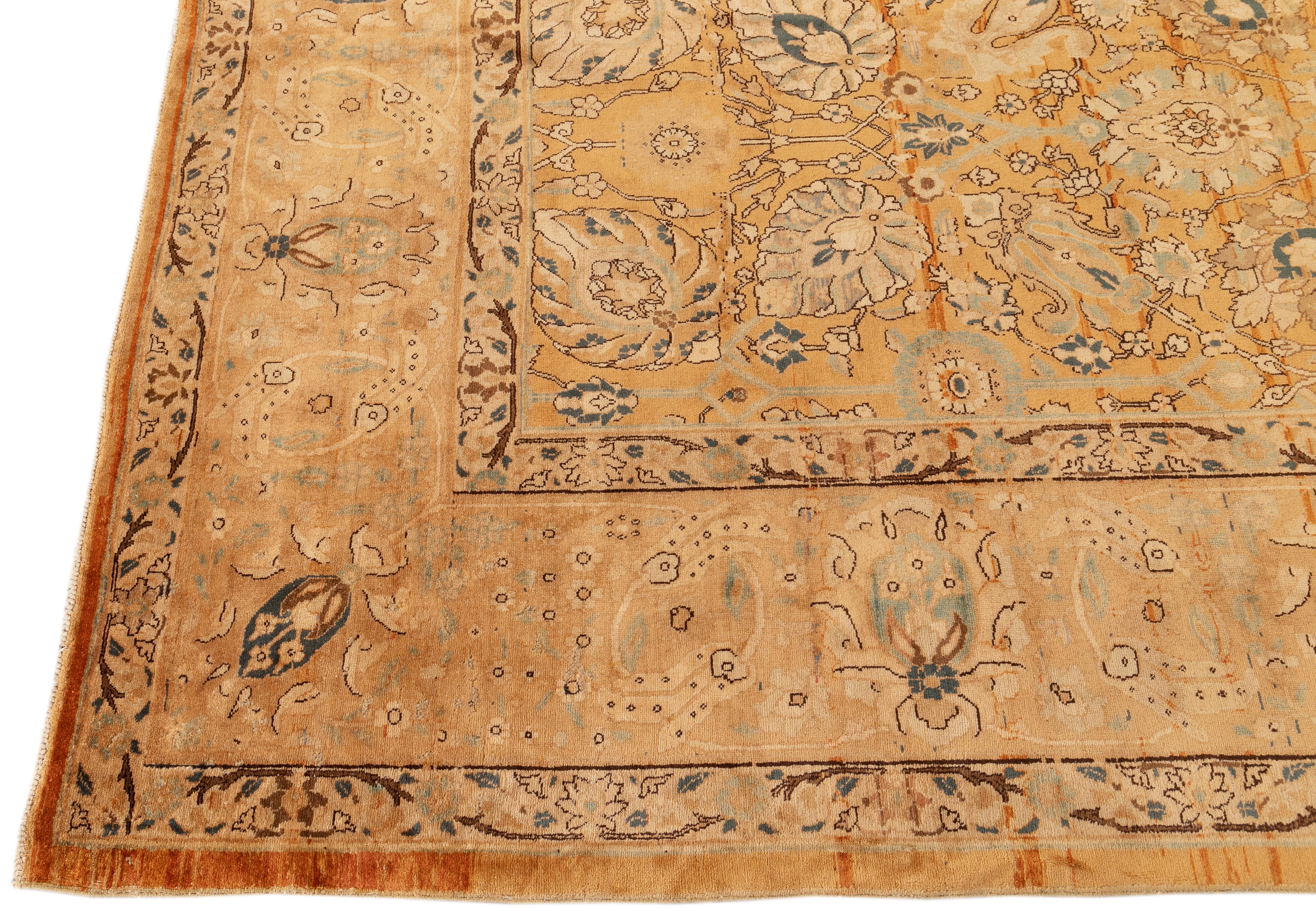 Persian Tan Antique Tabriz Handmade Allover Floral Wool Rug For Sale