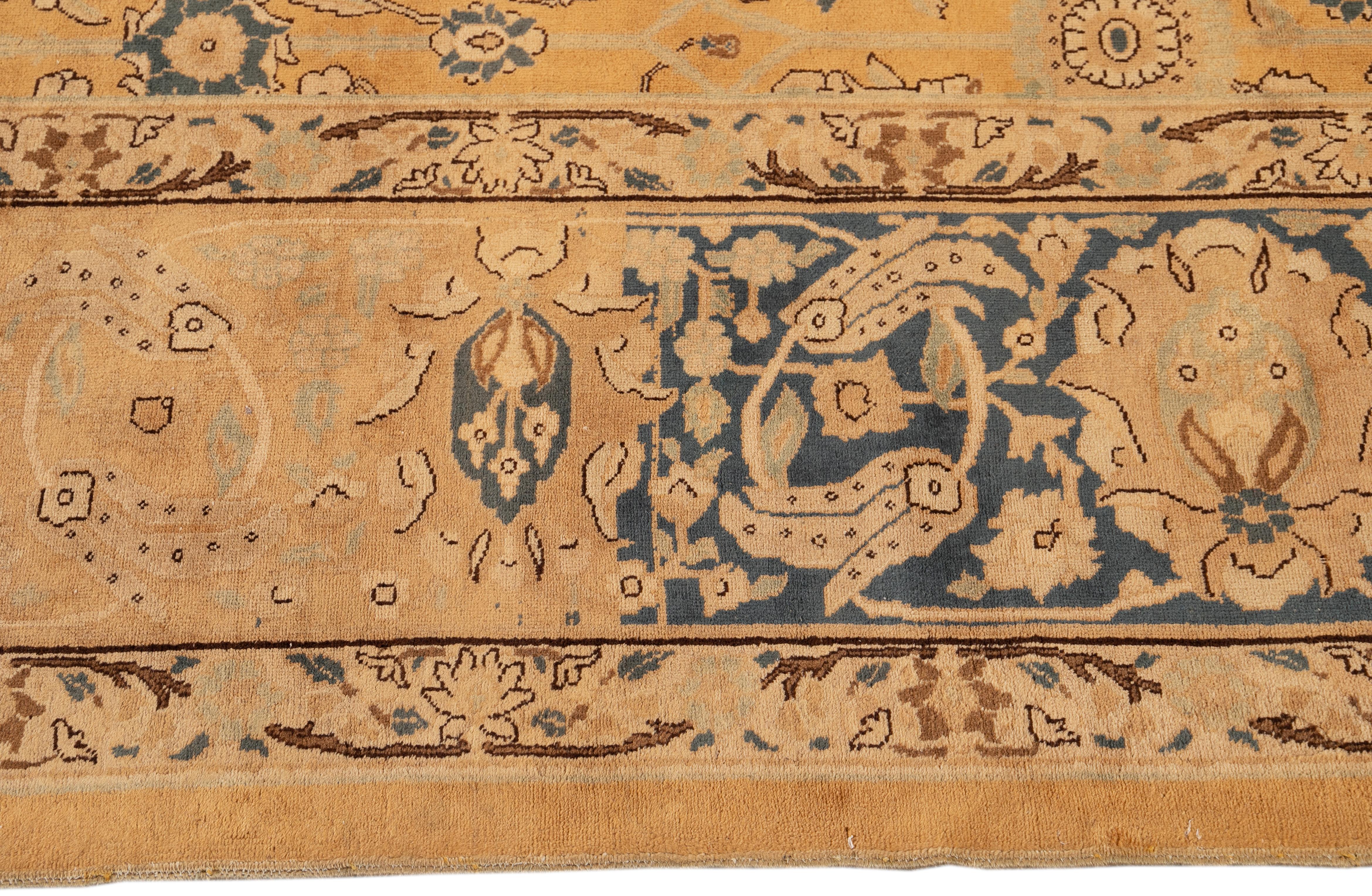 Tan Antique Tabriz Handmade Allover Floral Wool Rug For Sale 1