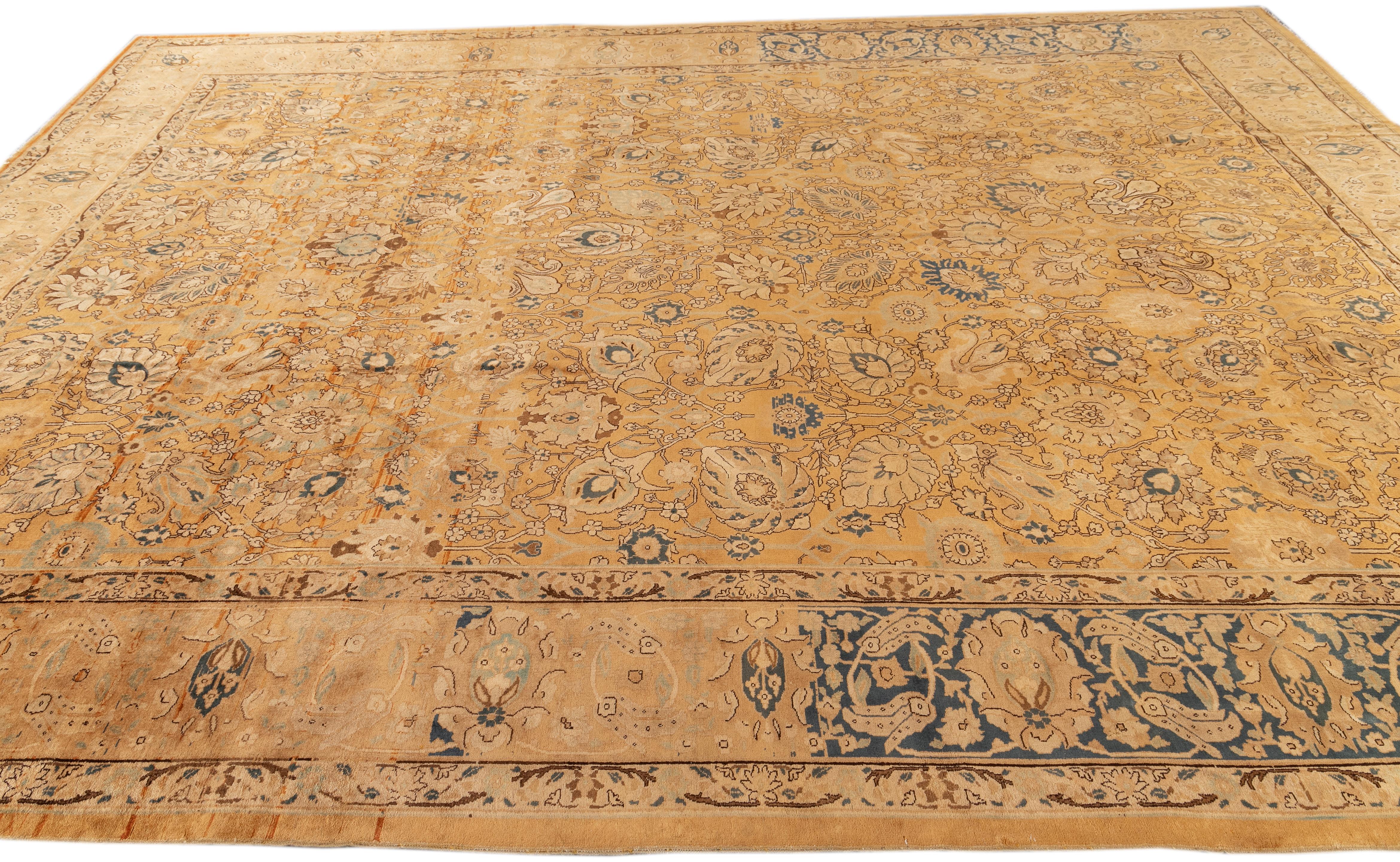Tan Antique Tabriz Handmade Allover Floral Wool Rug In Good Condition For Sale In Norwalk, CT