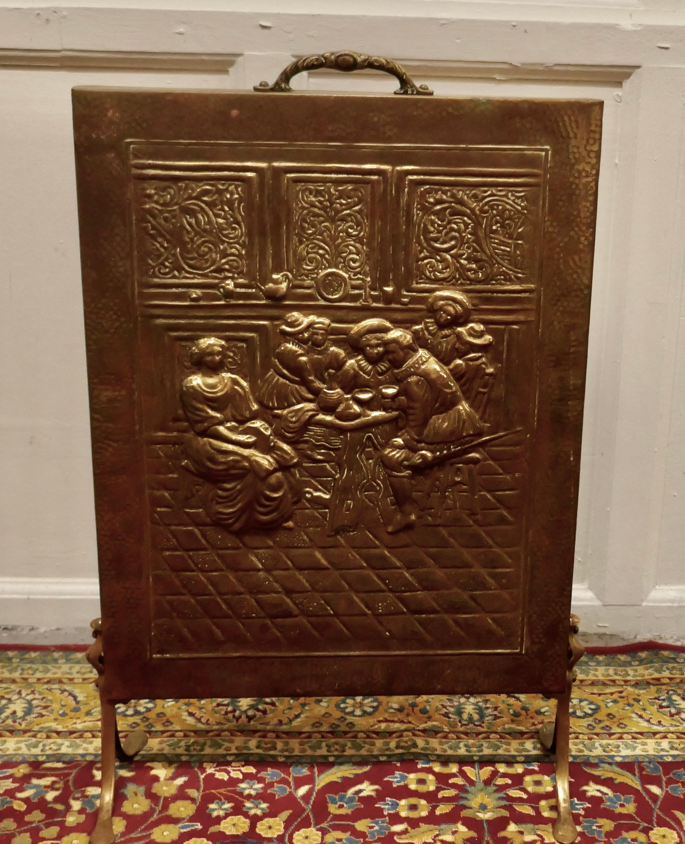 Country Early 20th Century Tavern Scene Brass Fire Screen For Sale