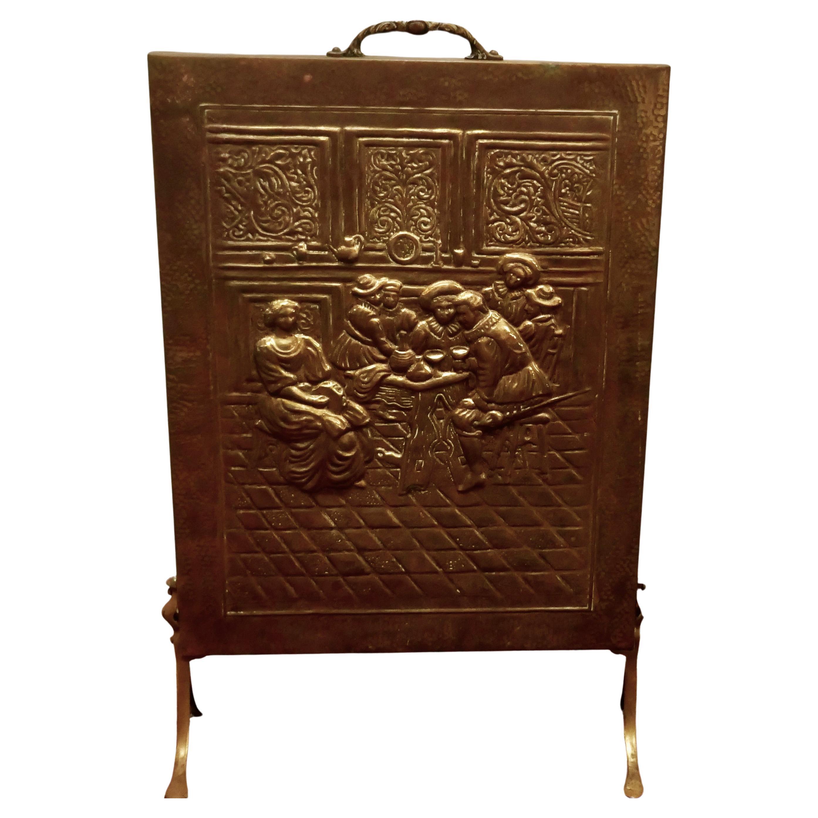 Early 20th Century Tavern Scene Brass Fire Screen For Sale
