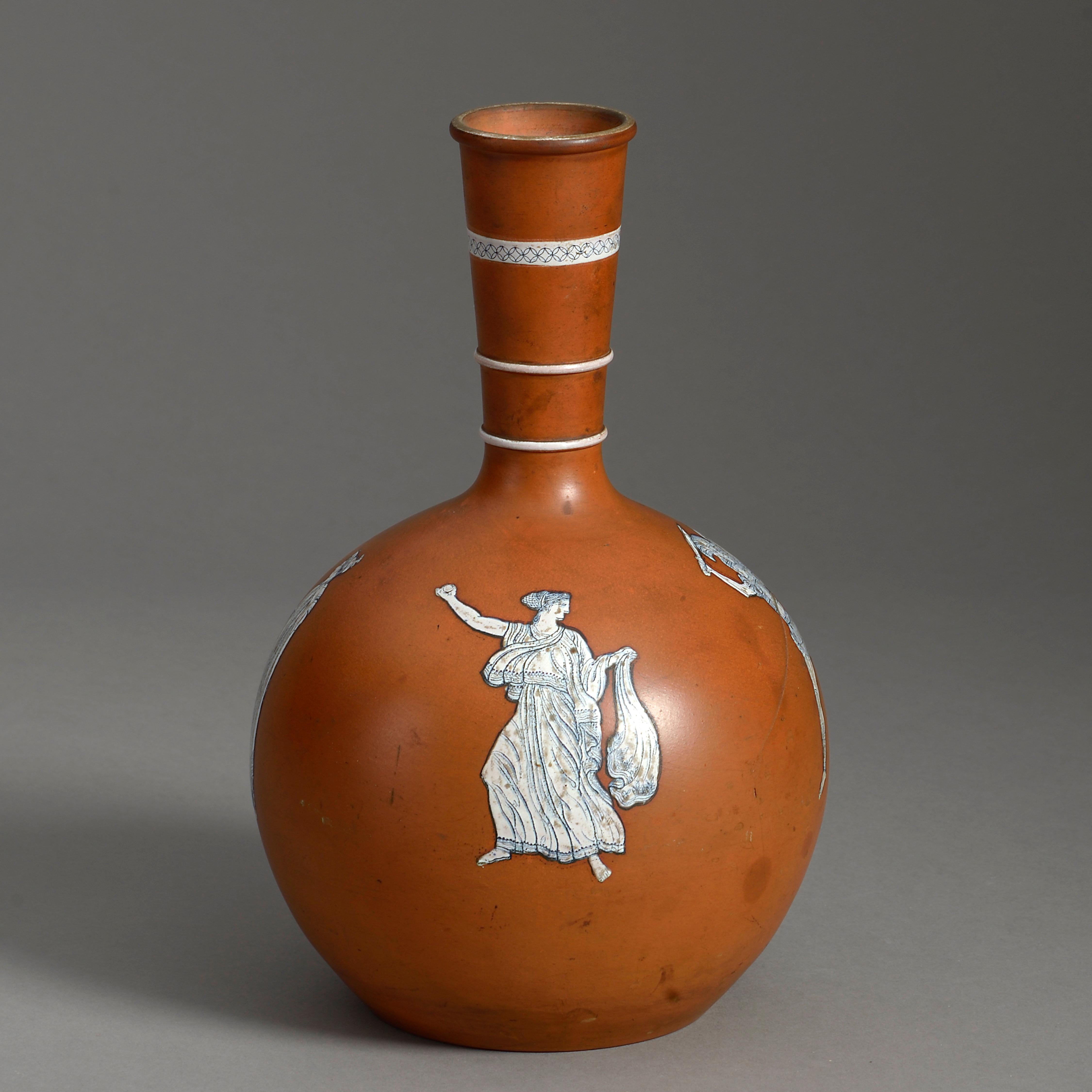 An early twentieth century terracotta vase in the Attic taste, of bottle form, the red clay surface inset with monochrome glazed figures representing the arts and war.