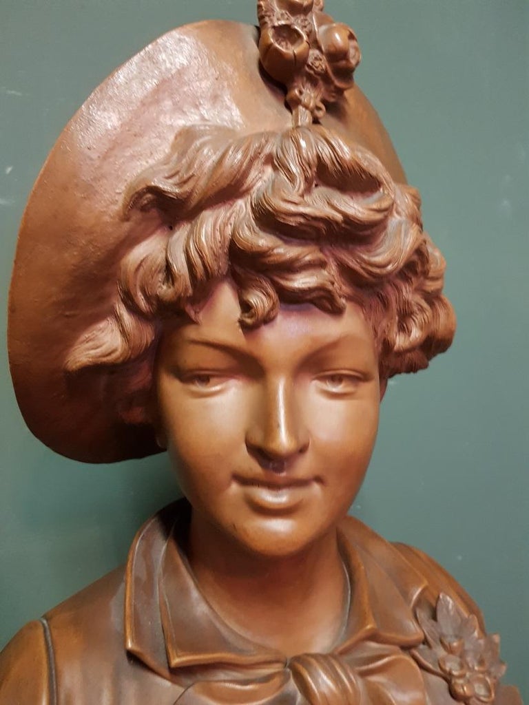 Early 20th Century Terracotta Bust of an Elegant Young Lady with a Hat ...