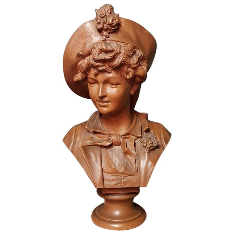 Early 20th Century Terracotta Bust of an Elegant Young Lady with a Hat For Sale