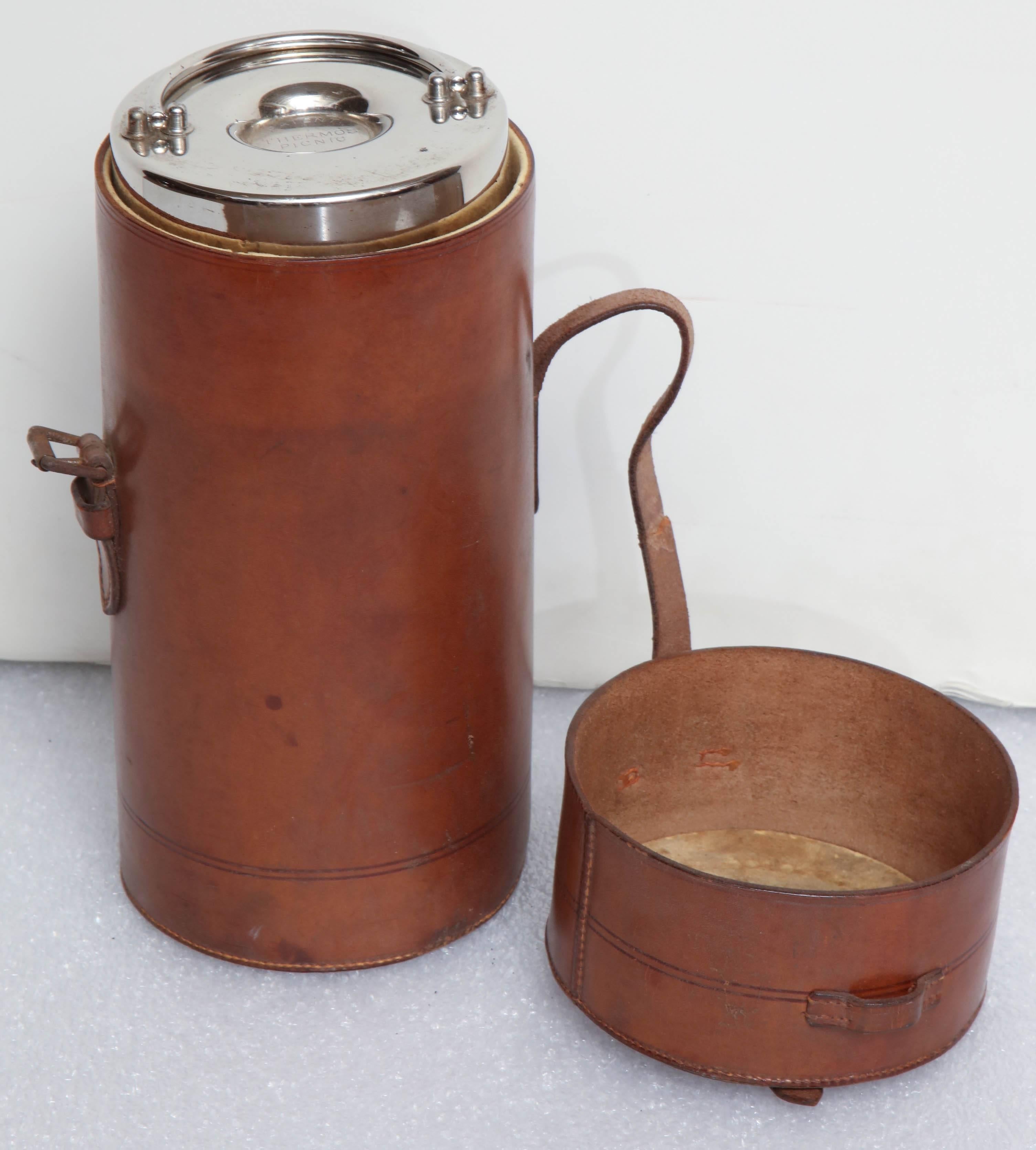 German Early 20th Century Thermos D.R.G.M. in a Leather Case For Sale