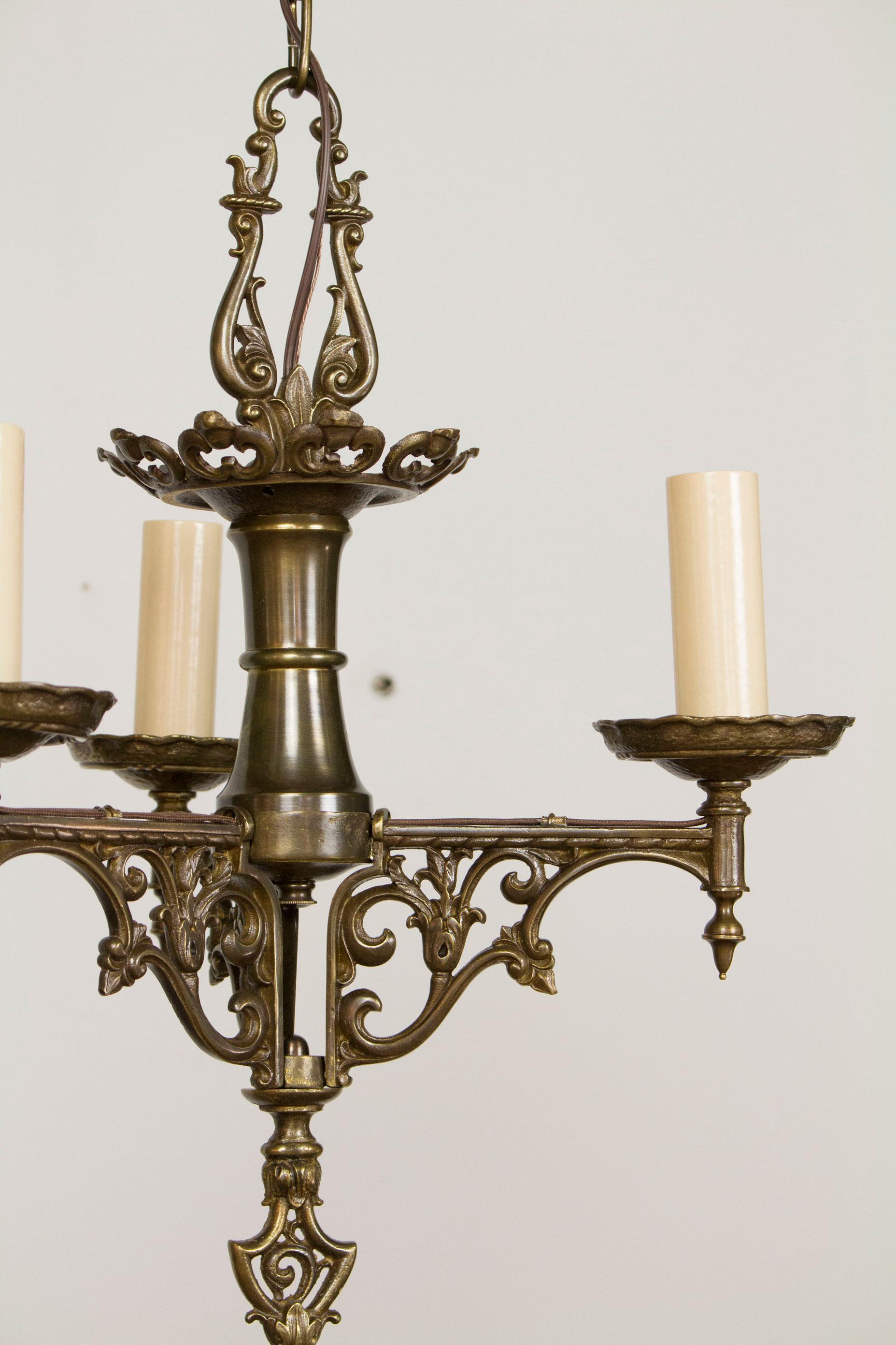 Three Arm Spanish Revival Chandelier. Solid Brass with dark patina finish. Completely Restored and rewired.  Matching Five Arm Spanish Revival Chandelier is also available, C348

Dimensions:  Dimensions: Diameter: 15
