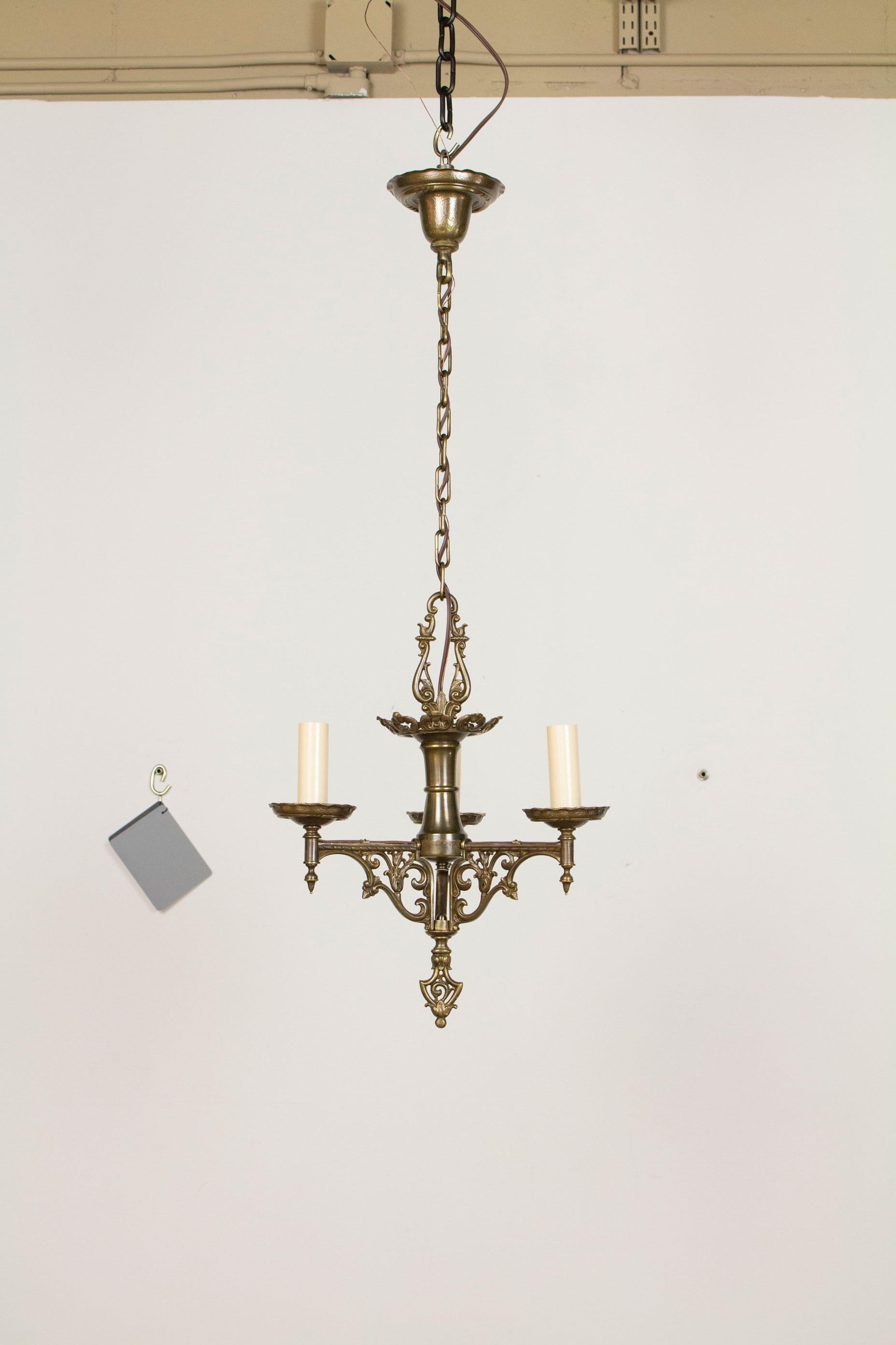 Early 20th Century Three Arm Spanish Revival Brass Chandelier For Sale 1