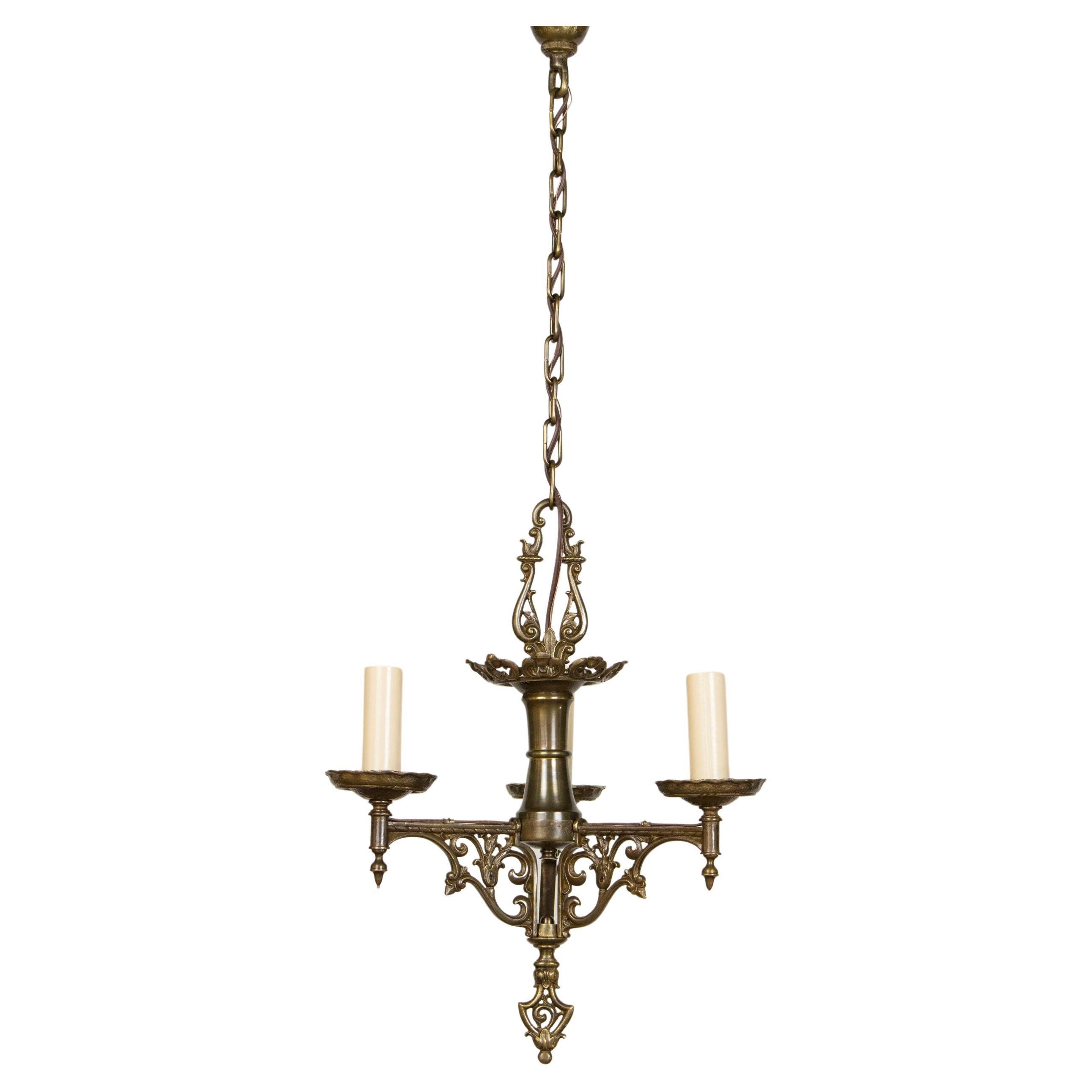 Early 20th Century Three Arm Spanish Revival Brass Chandelier