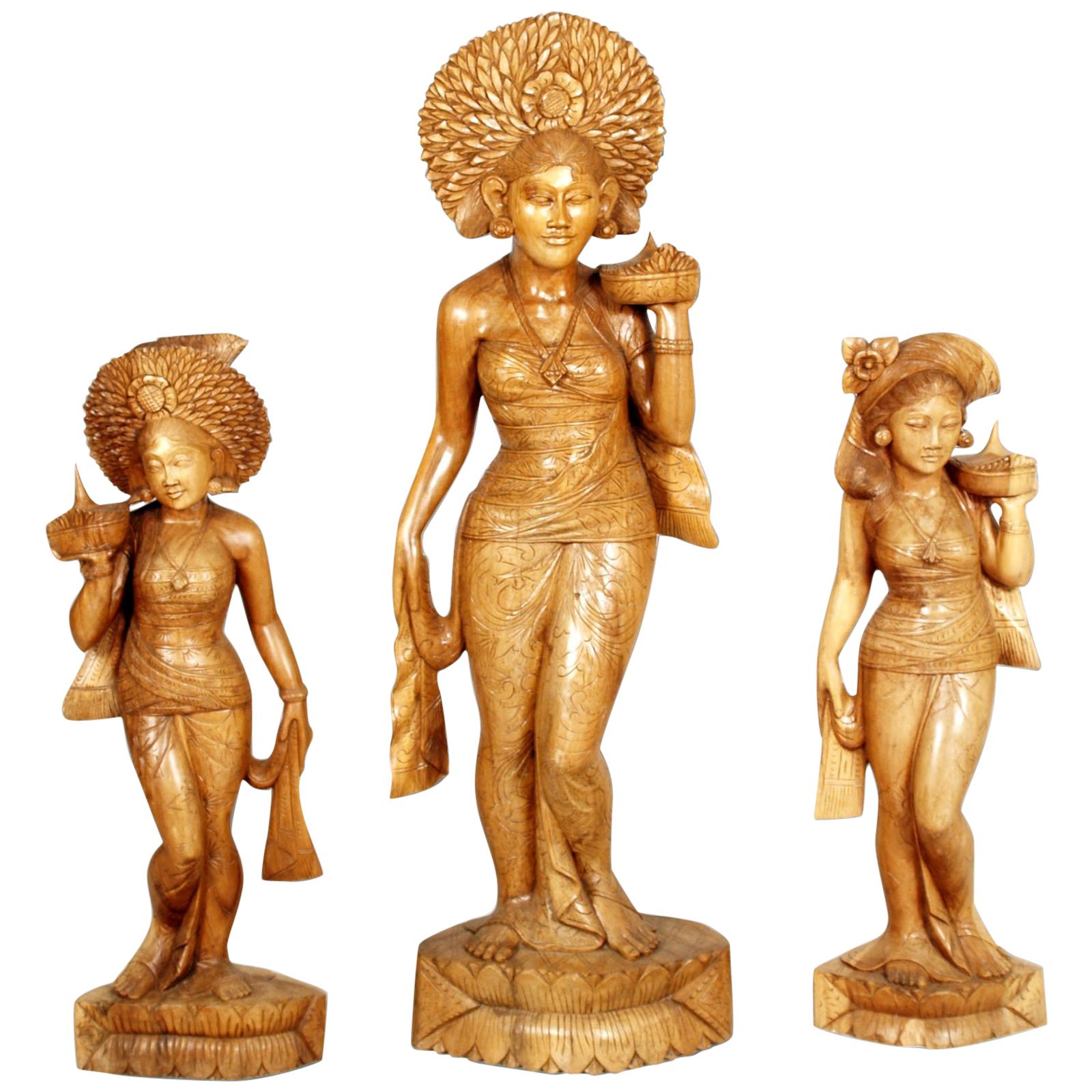 Early 20th Century Three Hindu Deities of the Siam, Hand-Carved Exotic Hardwood For Sale