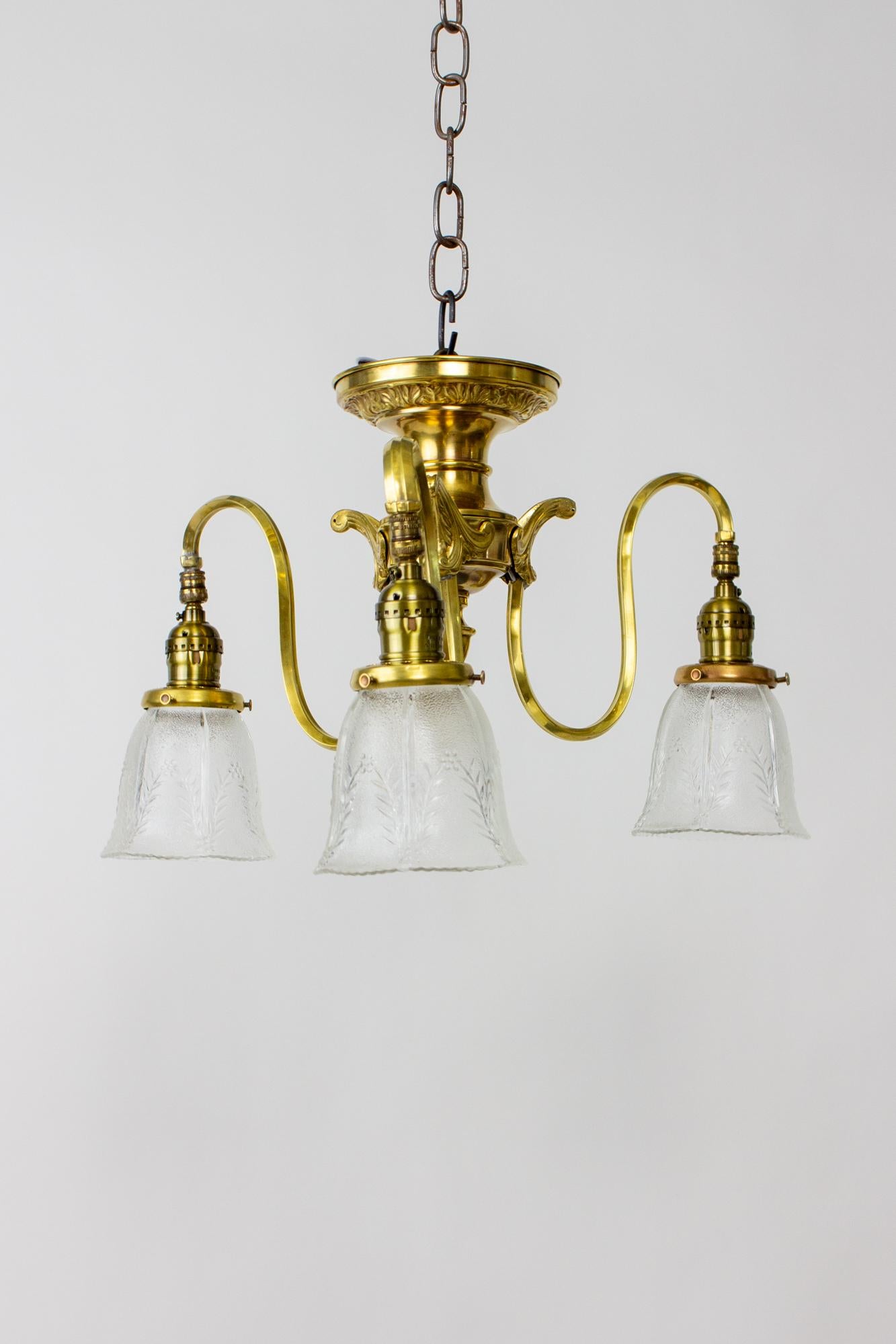 Brass Early 20th Century Three Light Prismatic Semi Flush Fixture For Sale