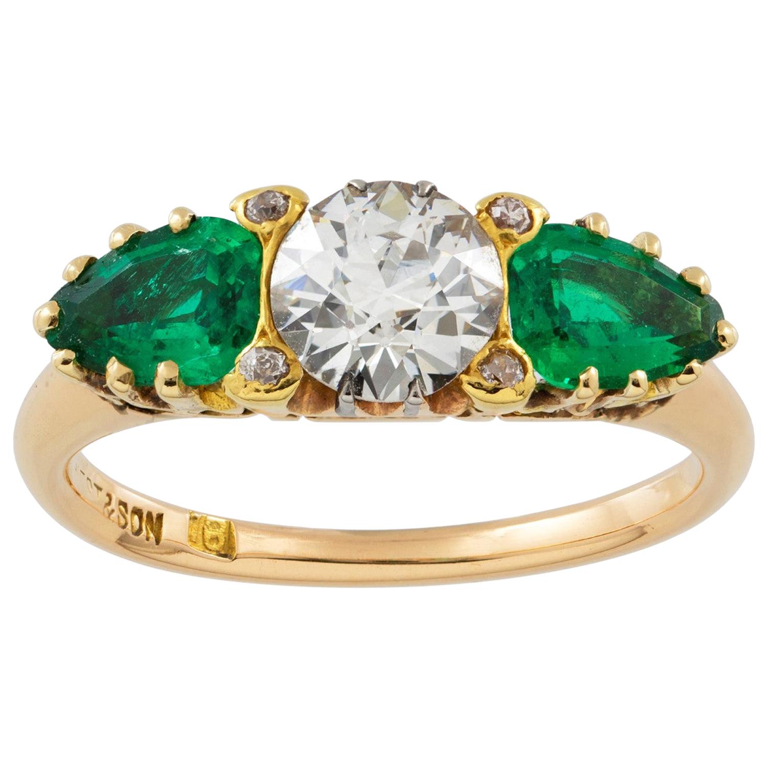 Early 20th Century Three-Stone Emerald and Diamond Ring