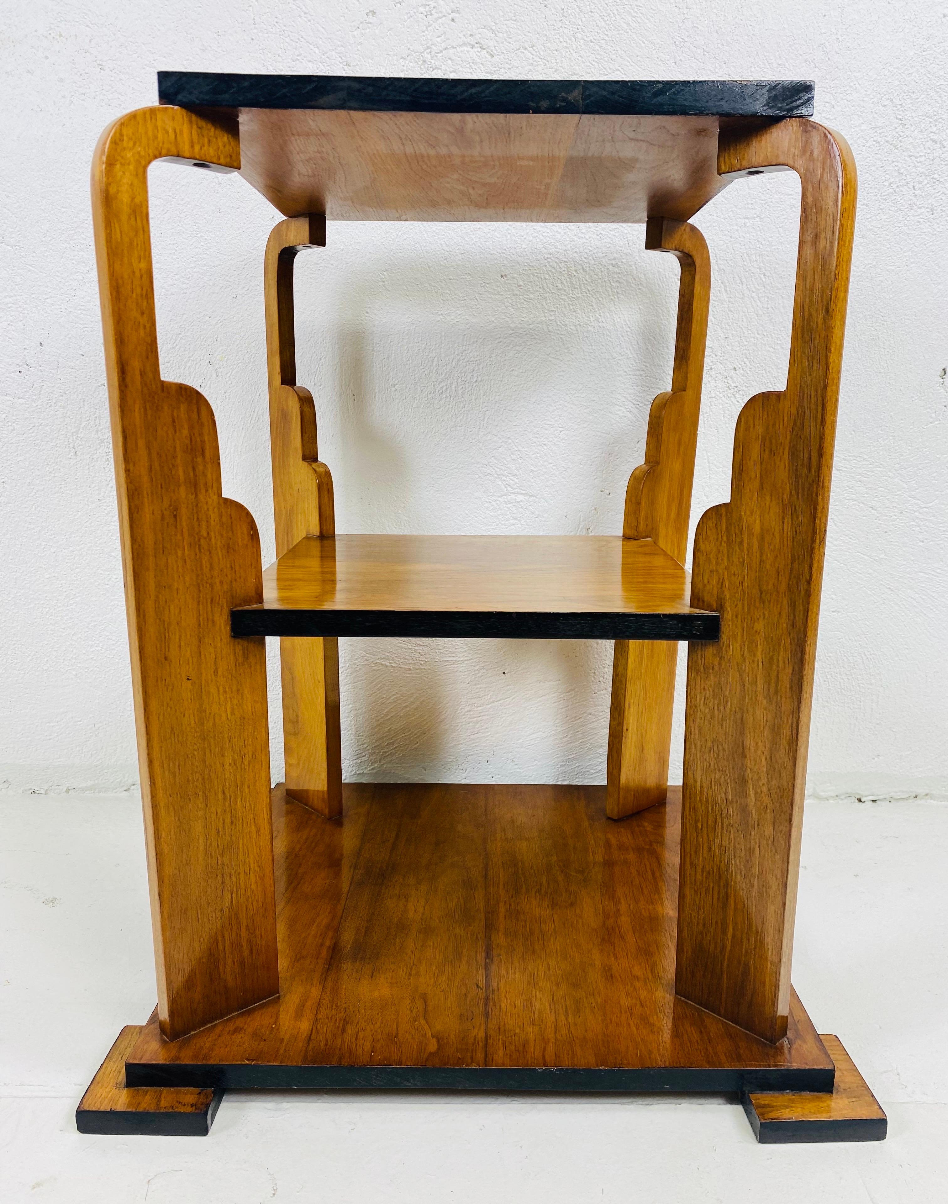 Early 20th century three tiered Art Deco walnut side table 3