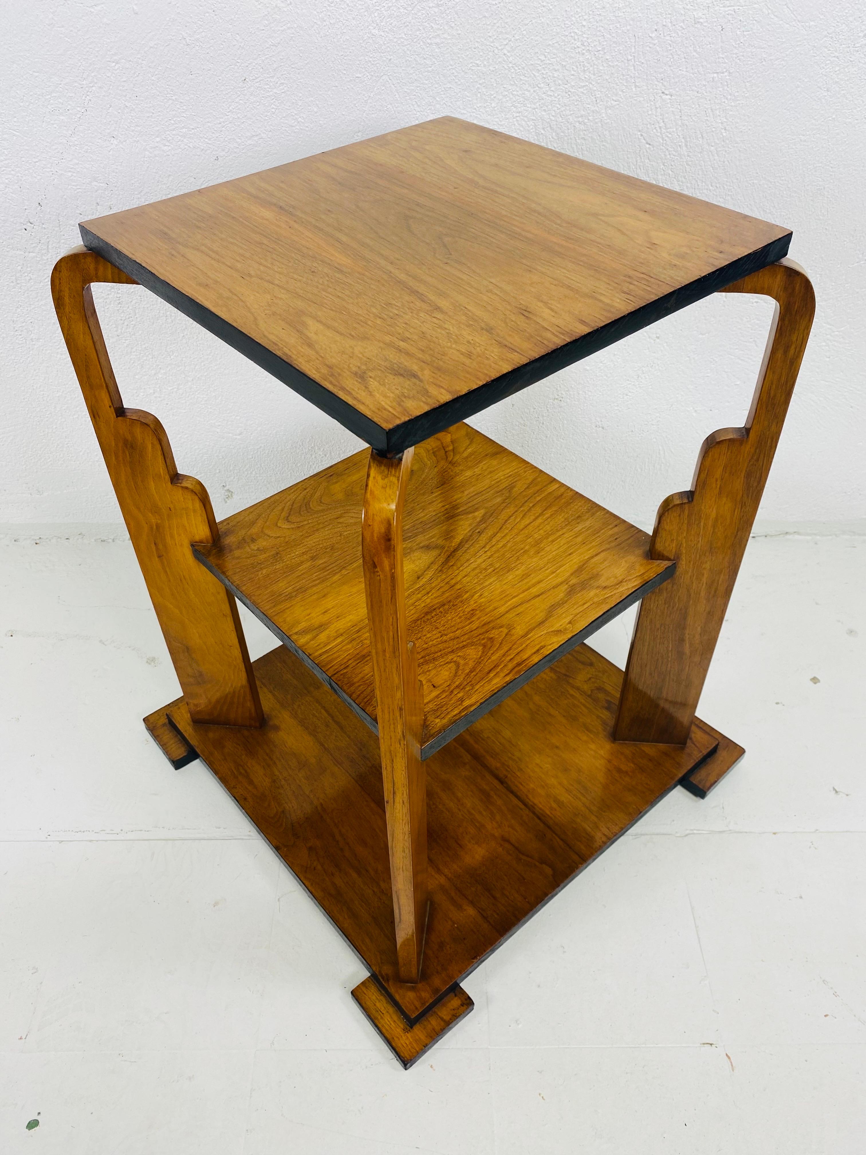 Hand-Crafted Early 20th century three tiered Art Deco walnut side table