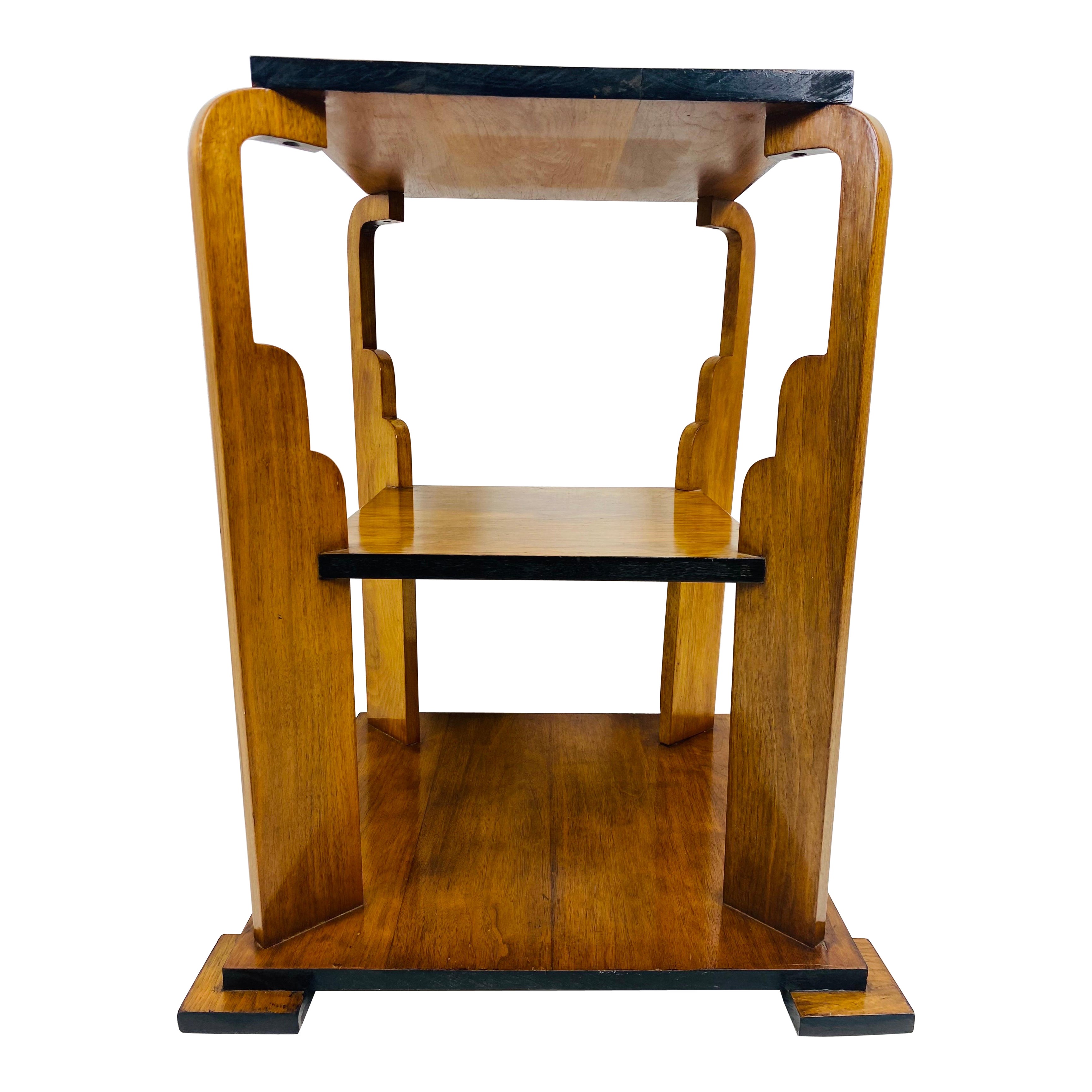 Early 20th century three tiered Art Deco walnut side table