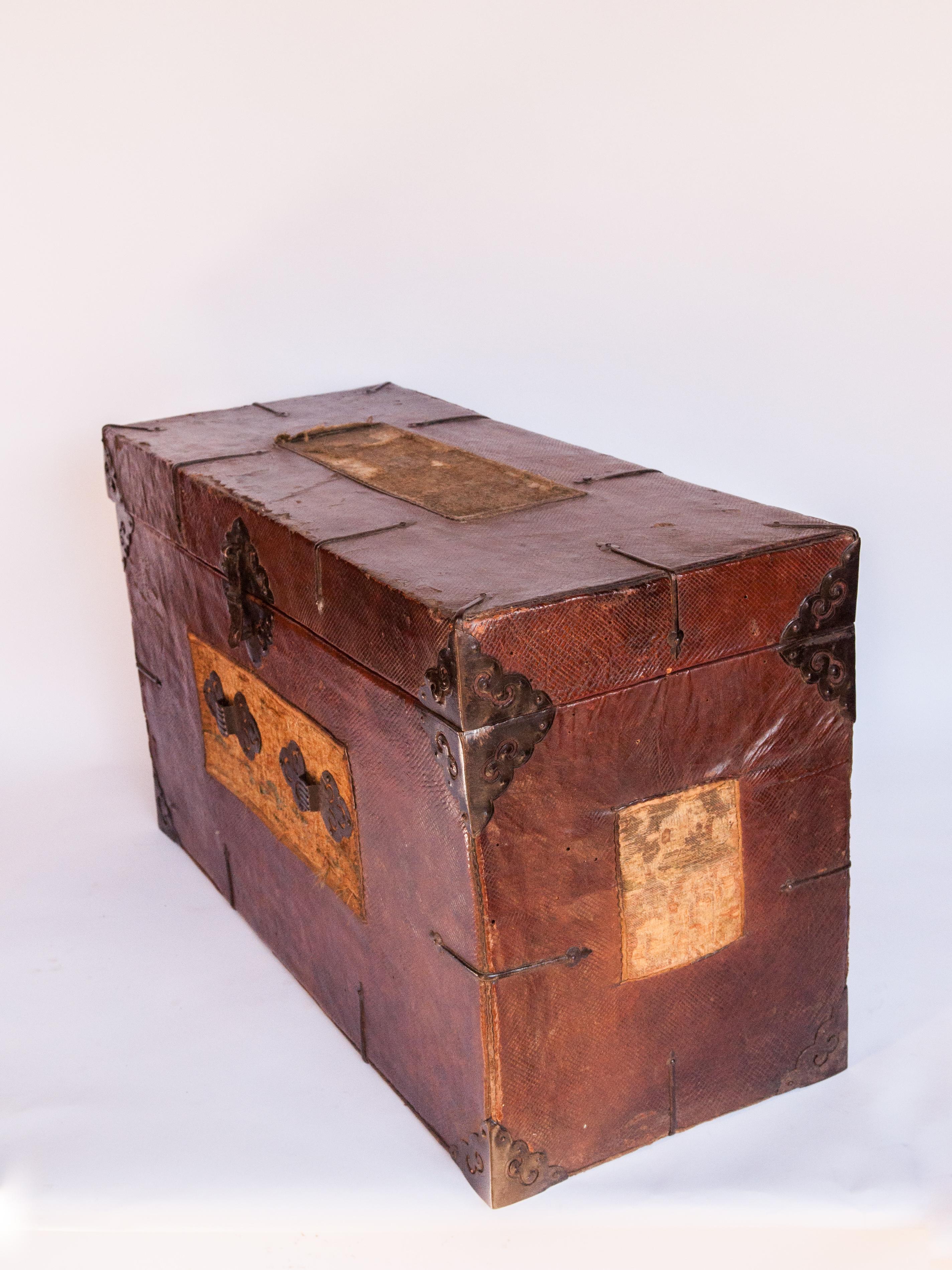 Early 20th Century Tibetan Leather Chest with (distressed) Silk Tapestry Panels 1