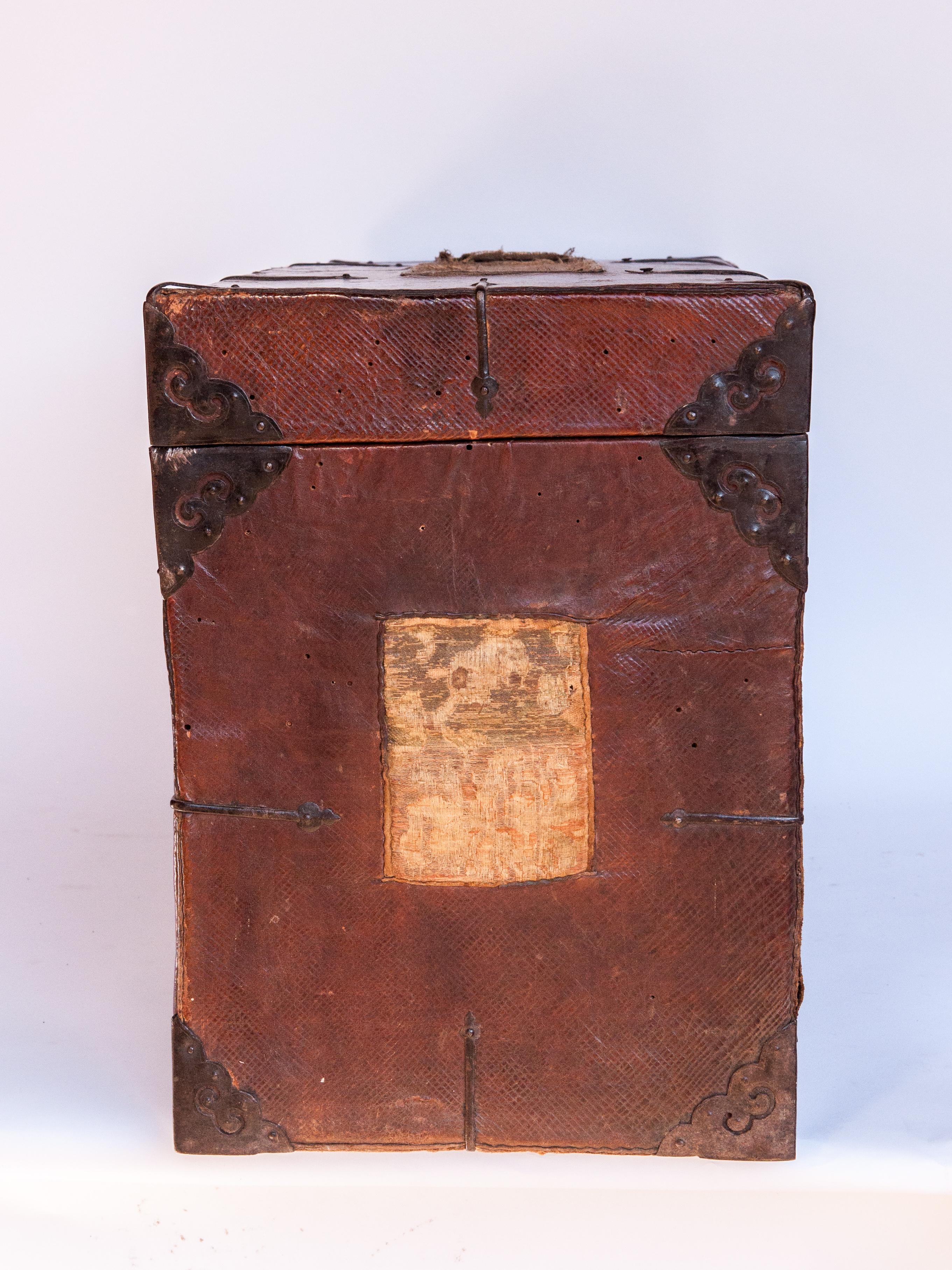 Early 20th Century Tibetan Leather Chest with (distressed) Silk Tapestry Panels 2
