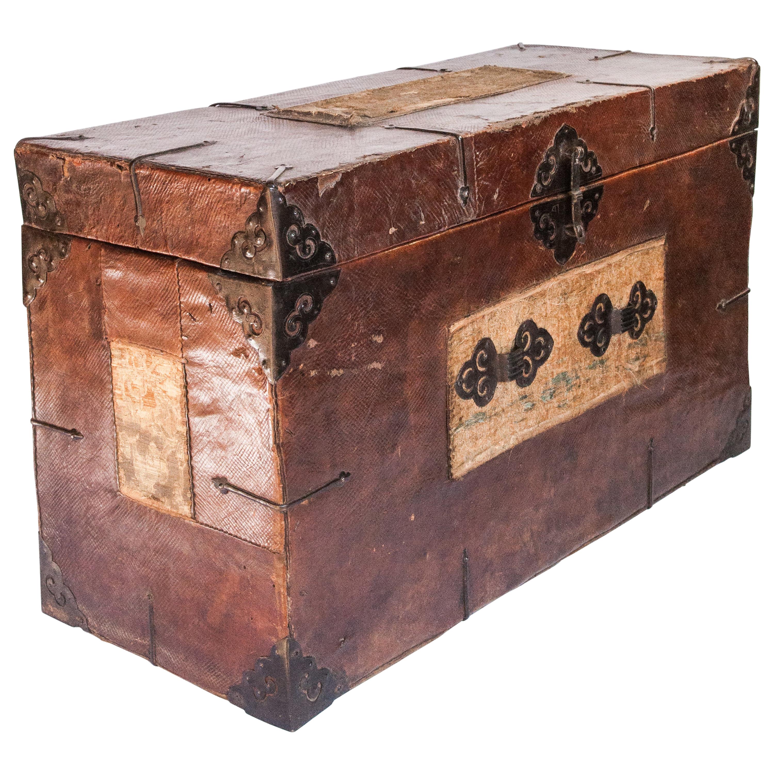 Early 20th Century Tibetan Leather Chest with (distressed) Silk Tapestry Panels